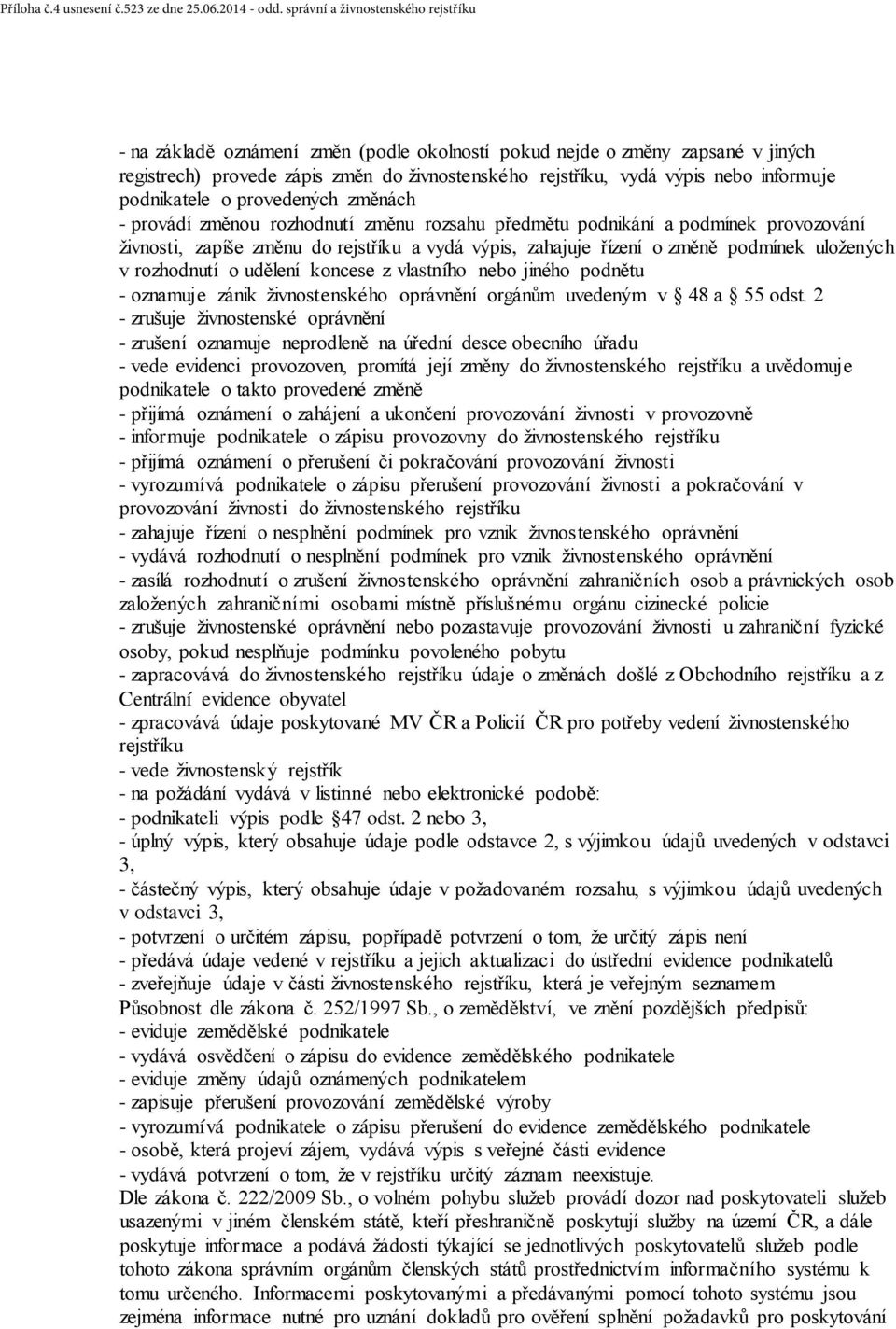 informuje podnikatele o provedených změnách - provádí změnou rozhodnutí změnu rozsahu předmětu podnikání a podmínek provozování živnosti, zapíše změnu do rejstříku a vydá výpis, zahajuje řízení o