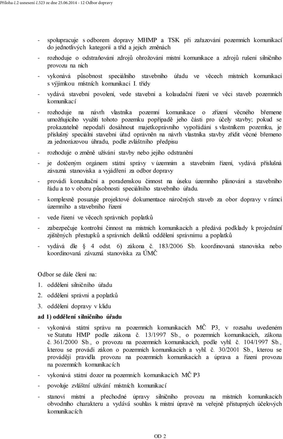 místní komunikace a zdrojů rušení silničního provozu na nich - vykonává působnost speciálního stavebního úřadu ve věcech místních komunikací s výjimkou místních komunikací I.