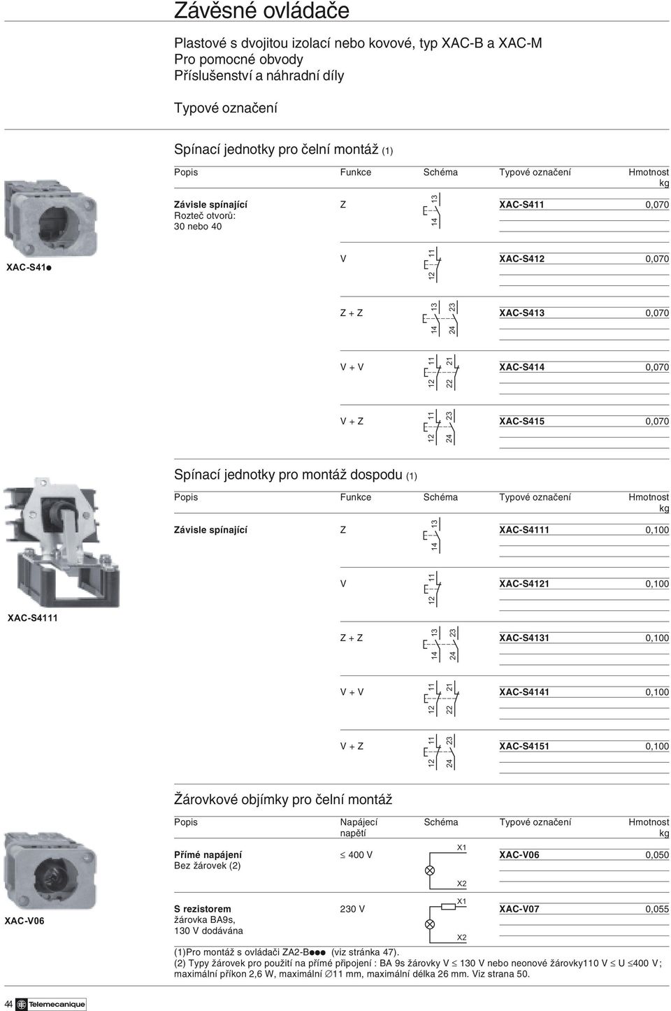 + Z XAC-S41 0,100 V + V XAC-S41 0,100 V + Z XAC-S4151 0,100 Žárovkové objímky pro čelní montáž Popis Napájecí Schéma Hmotnost napětí Přímé napájení 400 V X1 XAC-V06 0,050 Bez žárovek (2) X2 XAC-V06