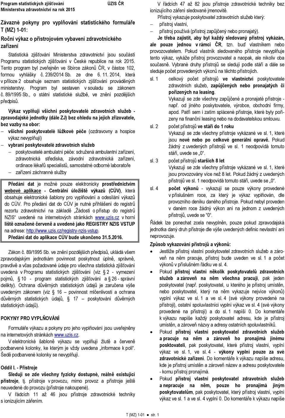 Tento program byl zveřejněn ve Sbírce zákonů ČR, v částce 102, formou vyhlášky č. 239/2014 Sb. ze dne 6. 11. 2014, která v příloze 2 obsahuje seznam statistických zjišťování prováděných ministerstvy.