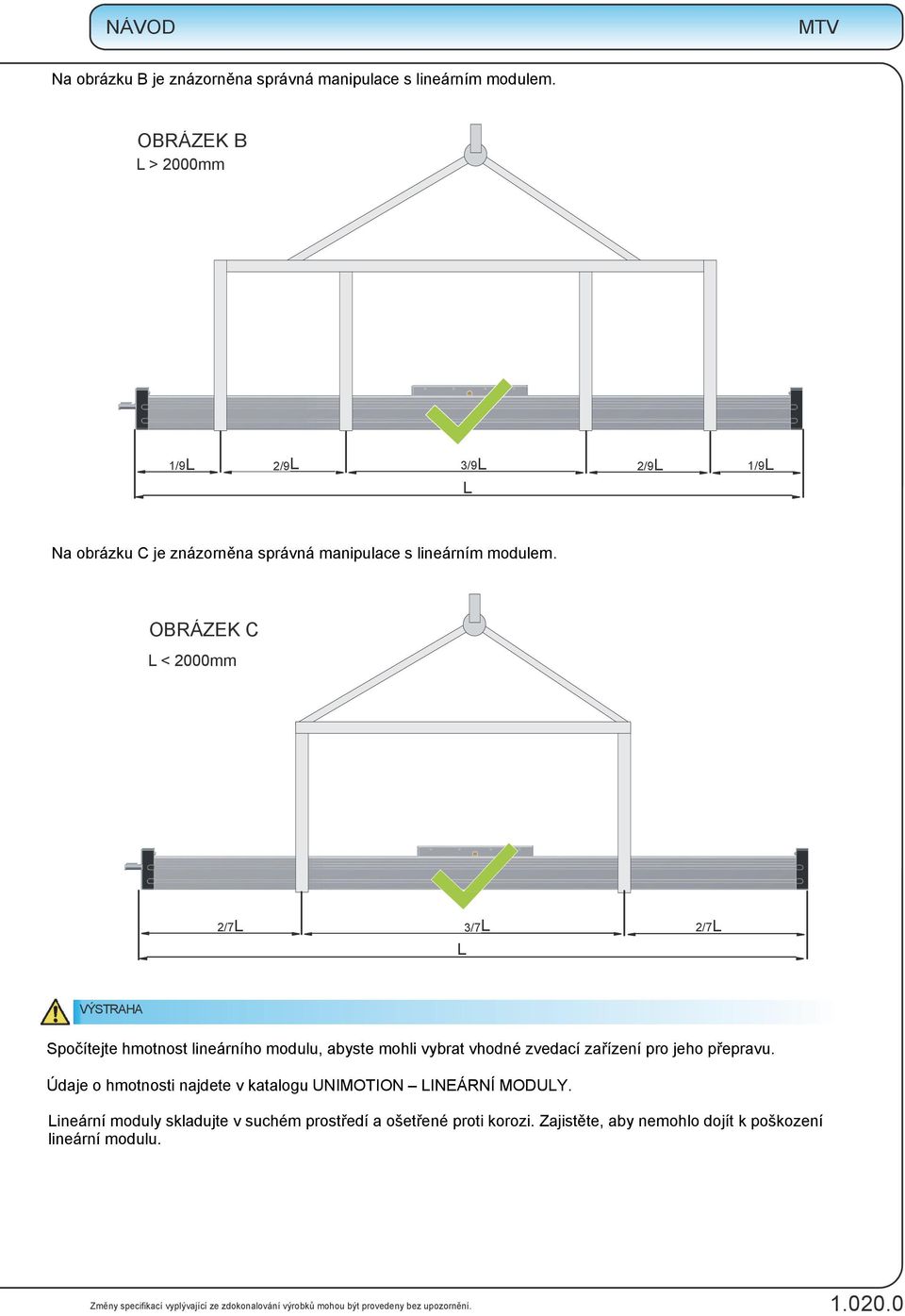 OBRÁZEK C L < 2000mm 2/7L 3/7L 2/7L L VÝSTRAHA Spočítejte hmotnost lineárního modulu, abyste mohli vybrat vhodné zvedací zařízení