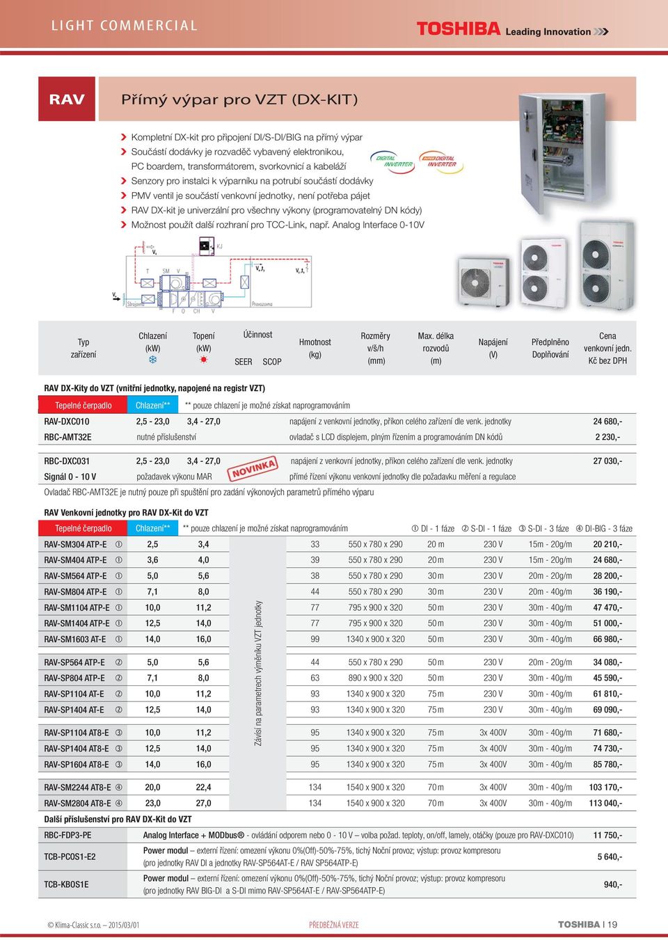 Možnost použít další rozhraní pro TCC-Link, např. Analog Interface 0-10V zařízení Chlazení Topení Účinnost Hmotnost (kg) v/š/h Max. délka rozvodů (m) Napájení (V) Předplněno Doplňování venkovní jedn.