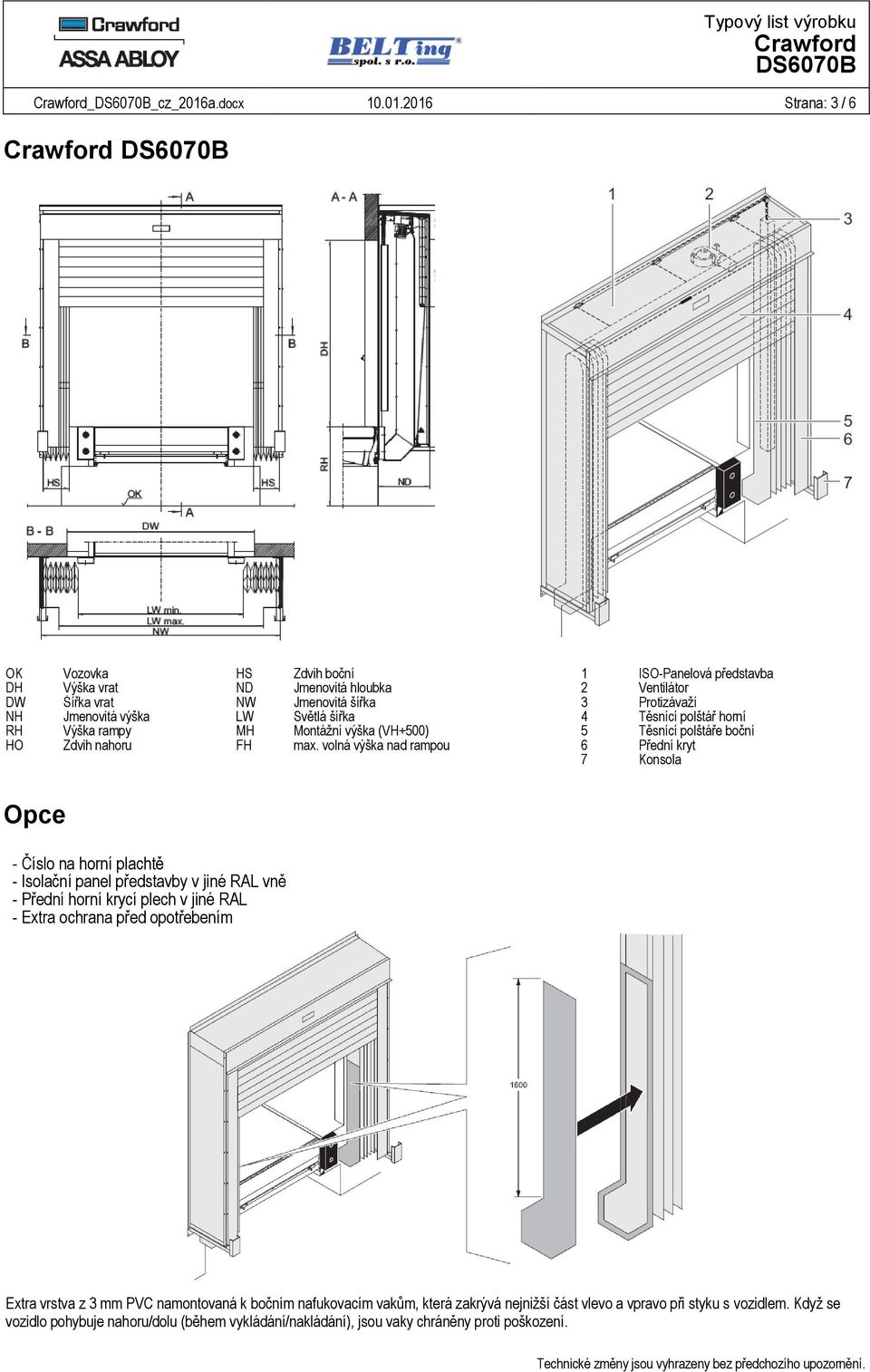 2016 Strana: 3 / 6 OK Vozovka HS Zdvih boční 1 ISO-Panelová představba DH Výška vrat ND Jmenovitá hloubka 2 Ventilátor DW Šířka vrat NW Jmenovitá šířka 3 Protizávaží NH Jmenovitá výška LW