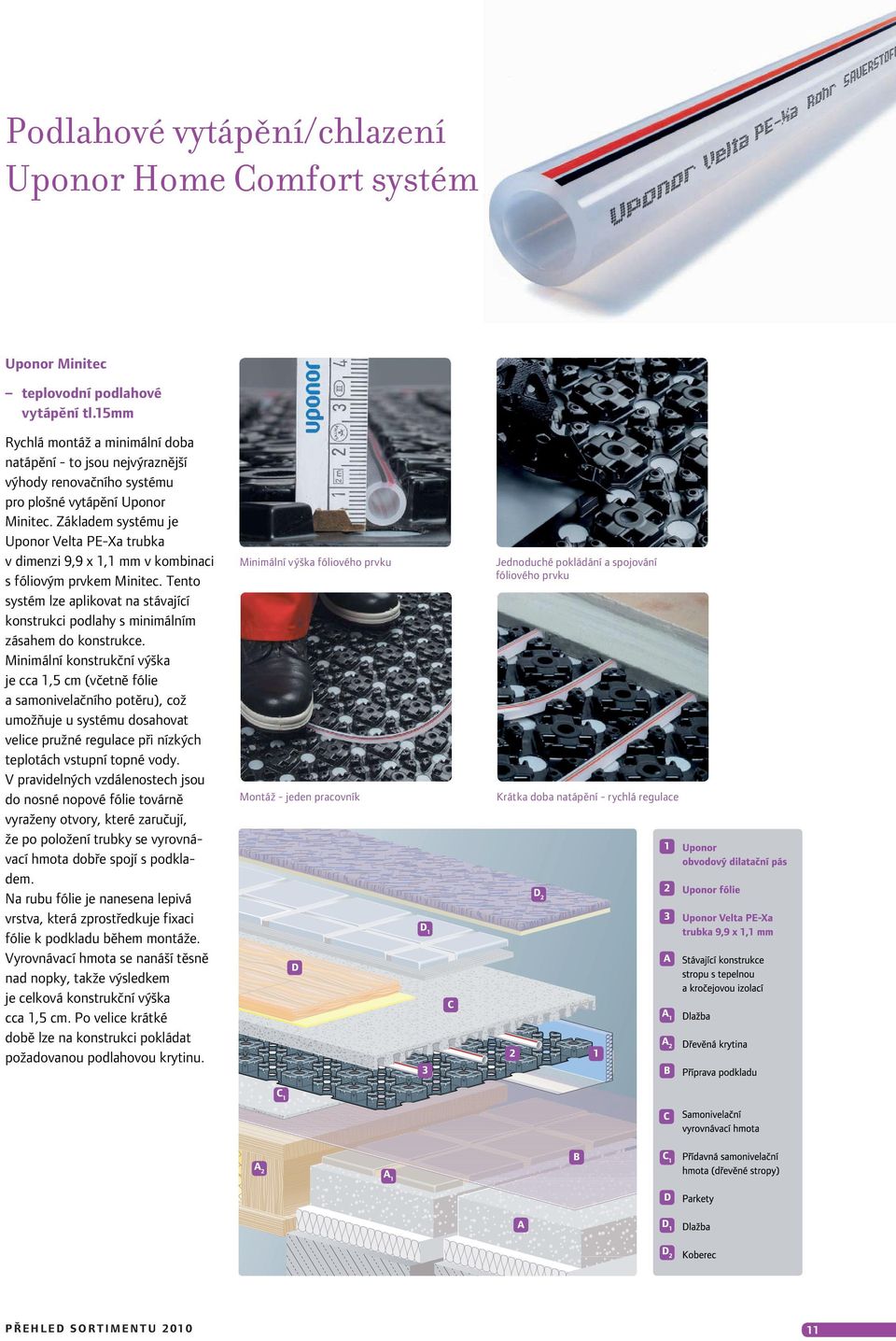 Základem systému je Uponor Velta PE-Xa trubka v dimenzi 9,9 x 1,1 mm v kombinaci s fóliovým prvkem Minitec.