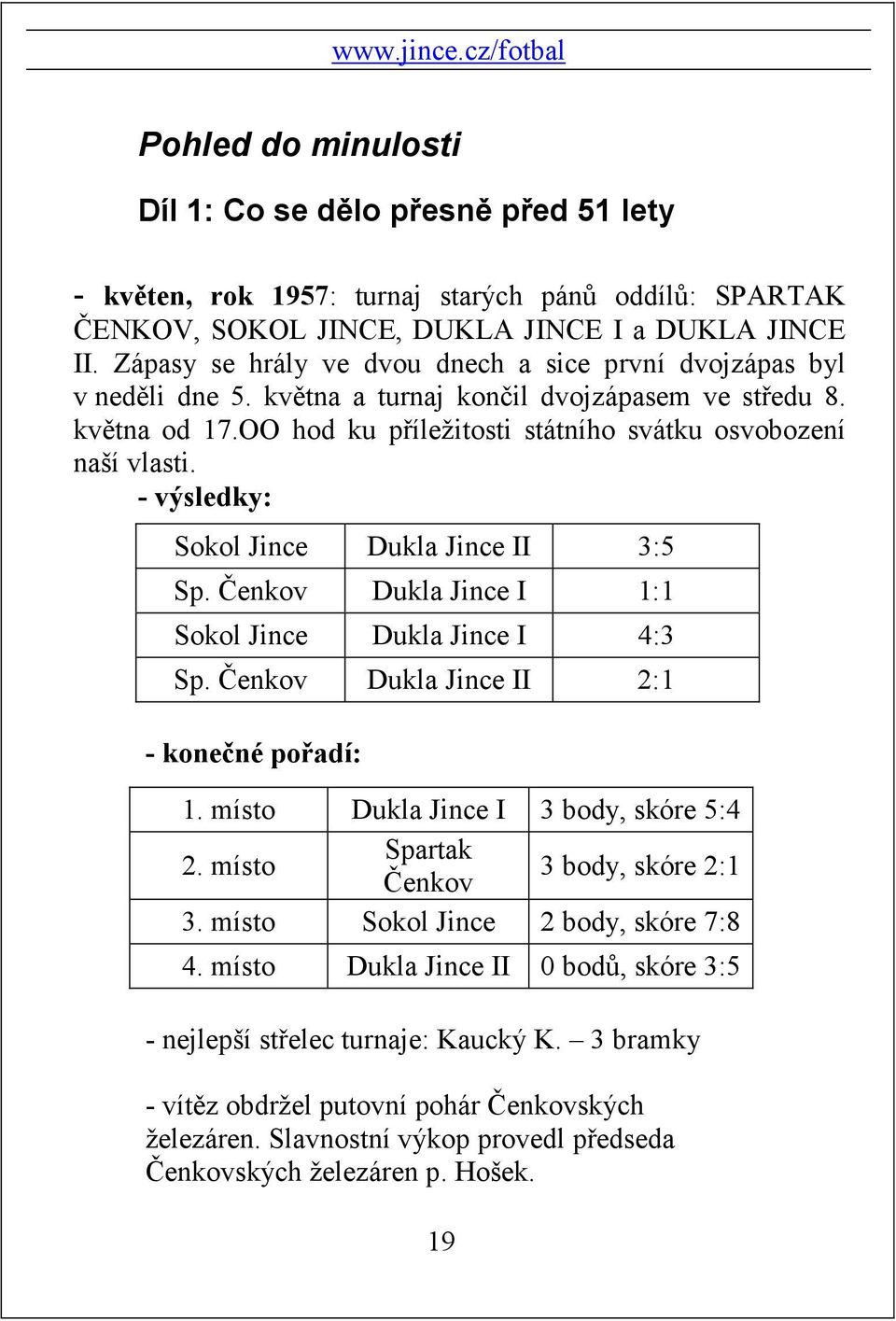 - výsledky: Sokol Jince Dukla Jince II 3:5 Sp. Čenkov Dukla Jince I 1:1 Sokol Jince Dukla Jince I 4:3 Sp. Čenkov Dukla Jince II 2:1 - konečné pořadí: 1. místo Dukla Jince I 3 body, skóre 5:4 2.