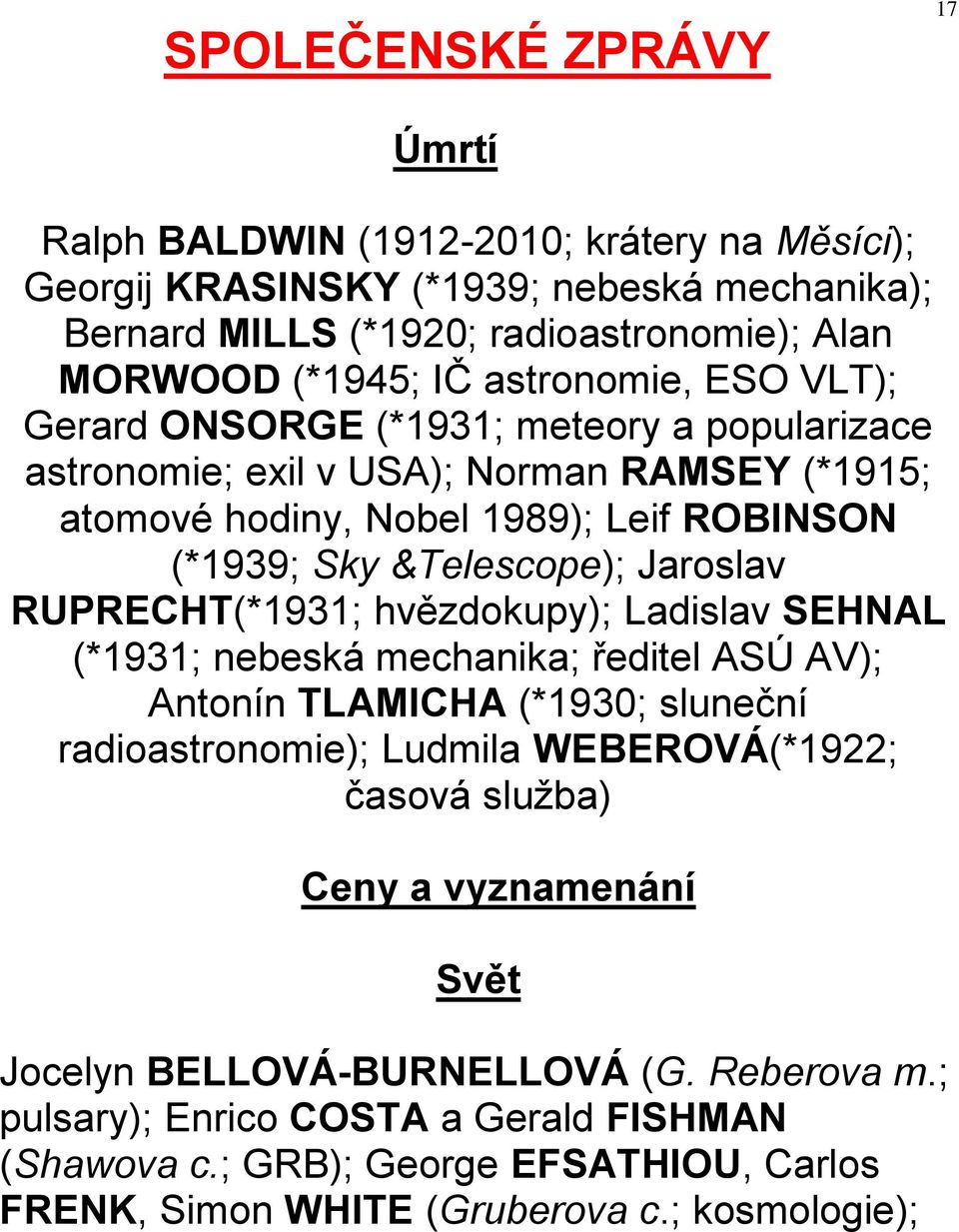 Jaroslav RUPRECHT(*1931; hvězdokupy); Ladislav SEHNAL (*1931; nebeská mechanika; ředitel ASÚ AV); Antonín TLAMICHA (*1930; sluneční radioastronomie); Ludmila WEBEROVÁ(*1922; časová služba)