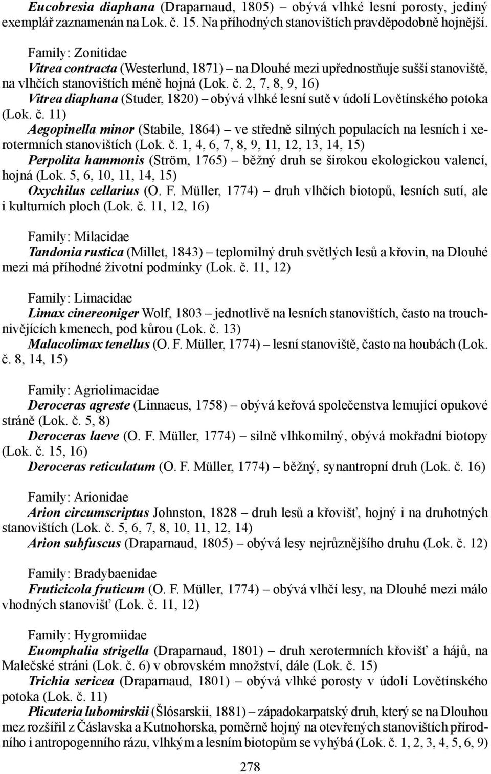 2, 7, 8, 9, 16) Vitrea diaphana (Studer, 1820) obývá vlhké lesní sutě v údolí Lovětínského potoka (Lok. č.