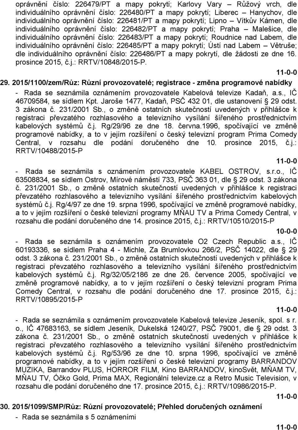 individuálního oprávnění číslo: 226485/PT a mapy pokrytí; Ústí nad Labem Větruše; dle individuálního oprávnění číslo: 226486/PT a mapy pokrytí, dle žádosti ze dne 16. prosince 2015, č.j.