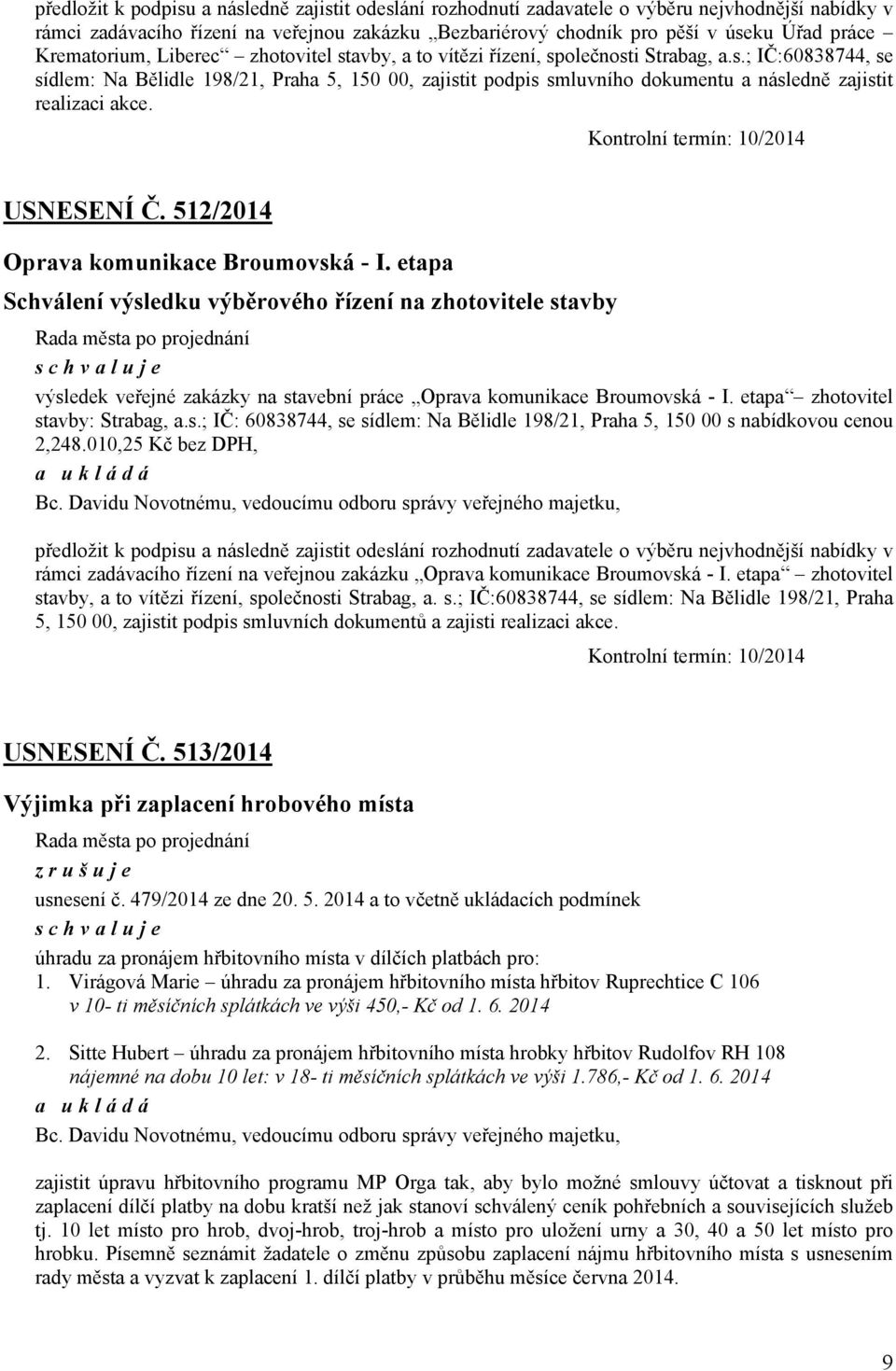 Kontrolní termín: 10/2014 USNESENÍ Č. 512/2014 Oprava komunikace Broumovská - I.