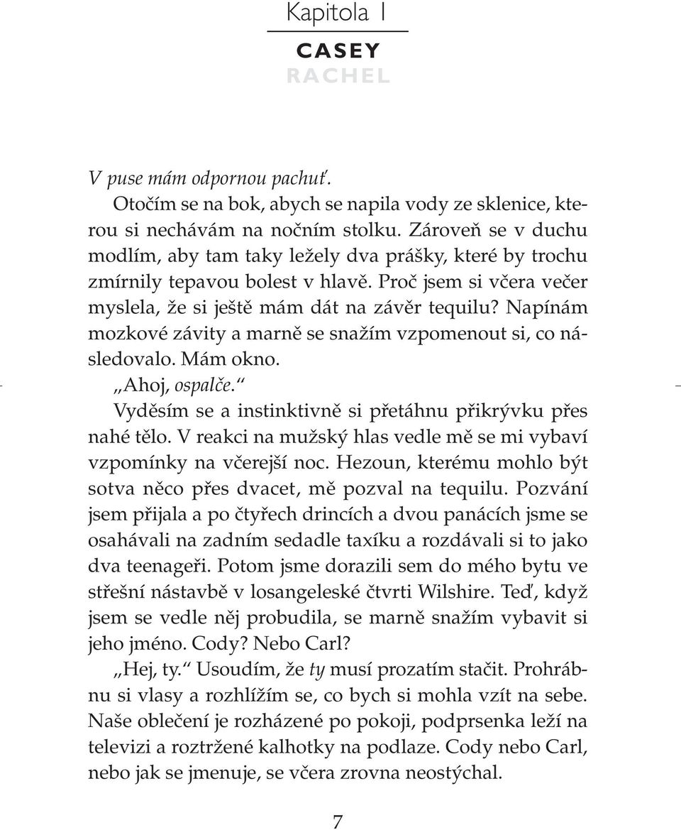 Napínám mozkové závity a marně se snažím vzpomenout si, co následovalo. Mám okno. Ahoj, ospalče. Vyděsím se a instinktivně si přetáhnu přikrývku přes nahé tělo.