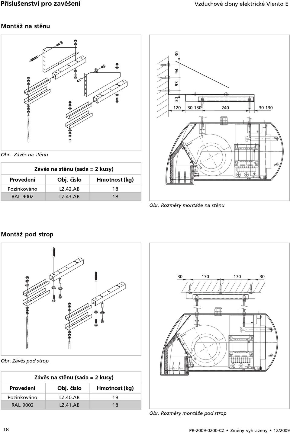 AB 18 RAL 9002 LZ.43.AB 18 Obr. Rozměry montáže na stěnu Montáž pod strop Obr.