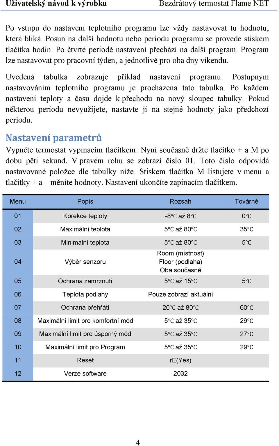 Postupným nastavováním teplotního programu je procházena tato tabulka. Po každém nastavení teploty a času dojde k přechodu na nový sloupec tabulky.