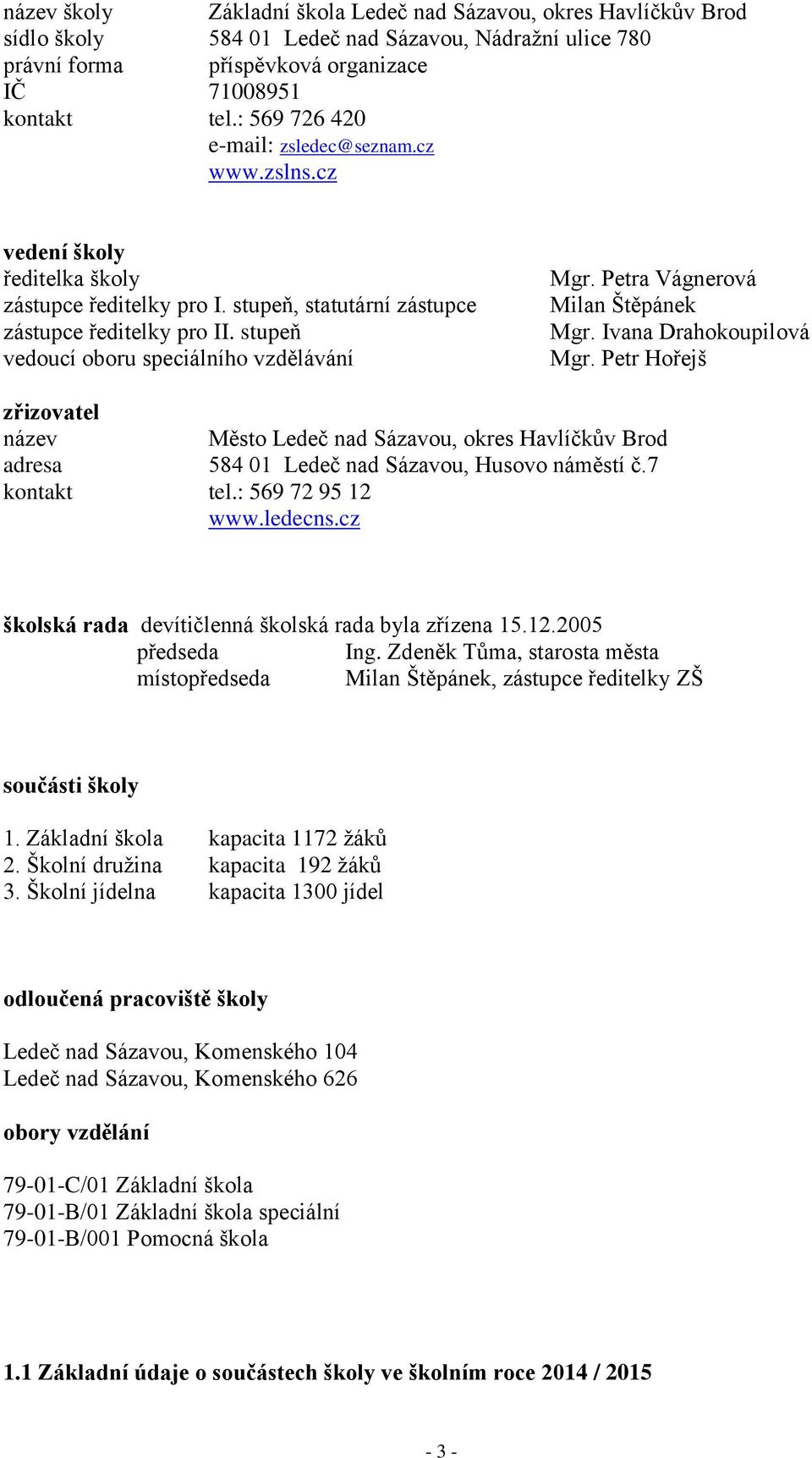 stupeň vedoucí oboru speciálního vzdělávání Mgr. Petra Vágnerová Milan Štěpánek Mgr. Ivana Drahokoupilová Mgr.