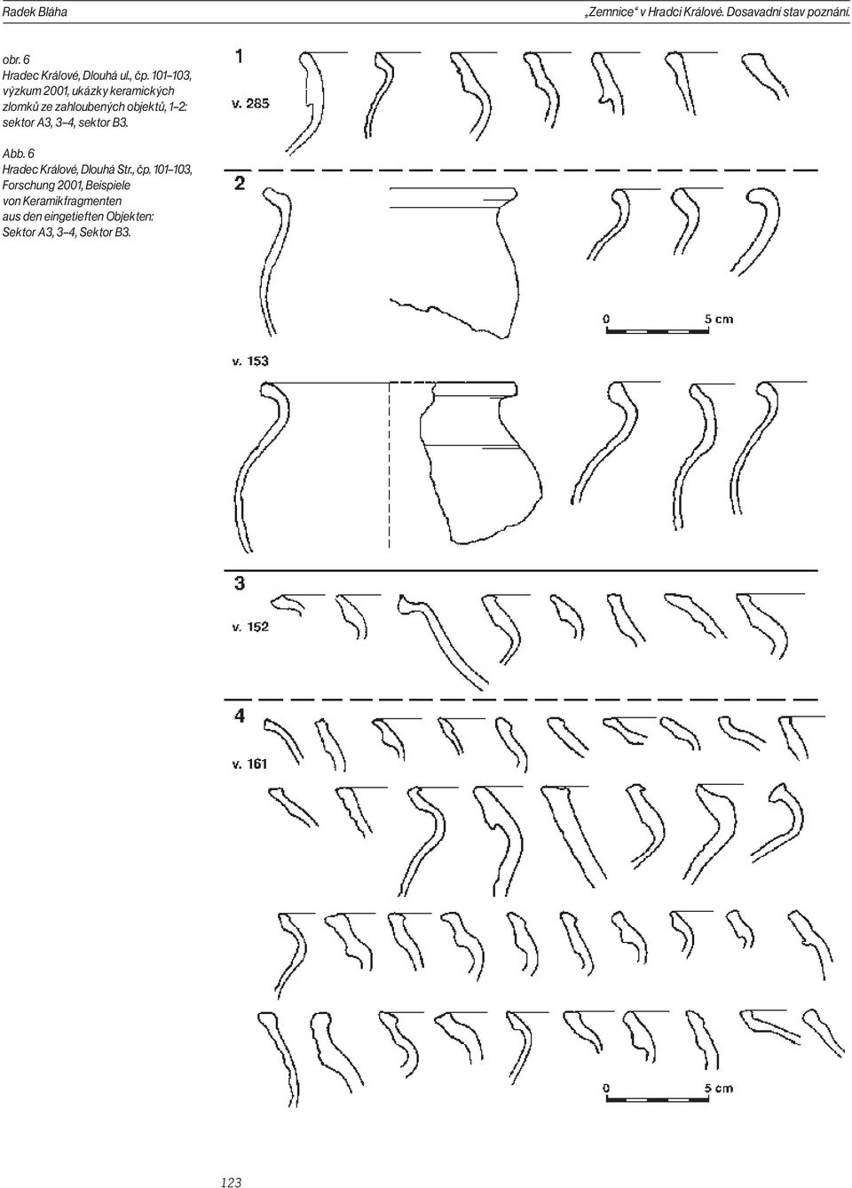 101 103, výzkum 2001, ukázky keramických zlomků ze zahloubených objektů, 1 2: sektor A3, 3