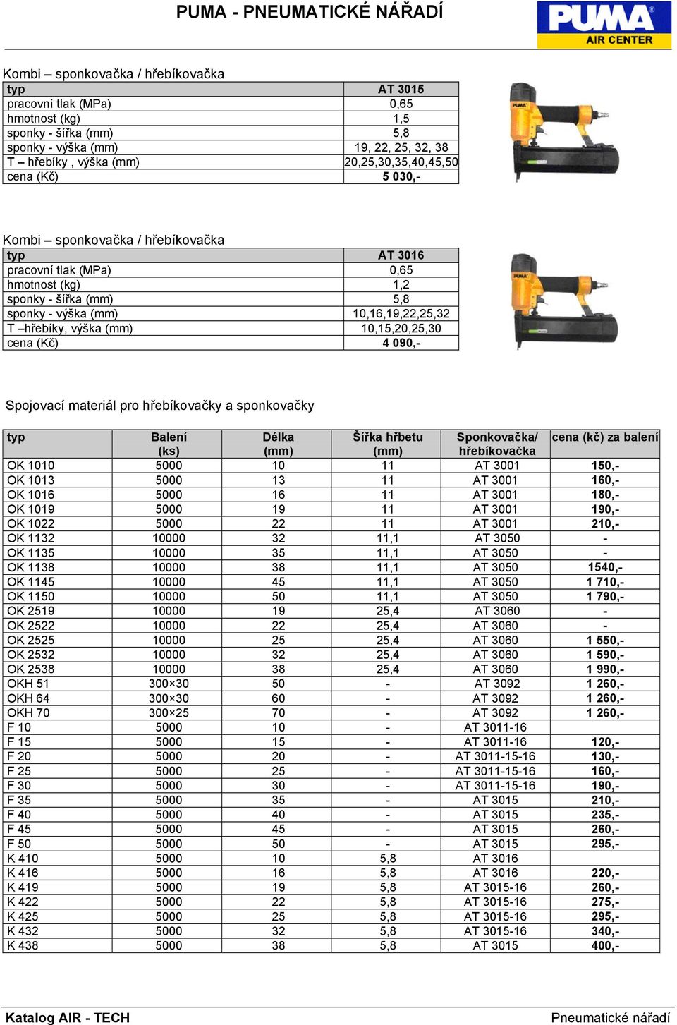 hřebíkovačky a sponkovačky Balení Délka Šířka hřbetu Sponkovačka/ cena (kč) za balení (ks) (mm) (mm) hřebíkovačka OK 1010 5000 10 11 AT 3001 150,- OK 1013 5000 13 11 AT 3001 160,- OK 1016 5000 16 11