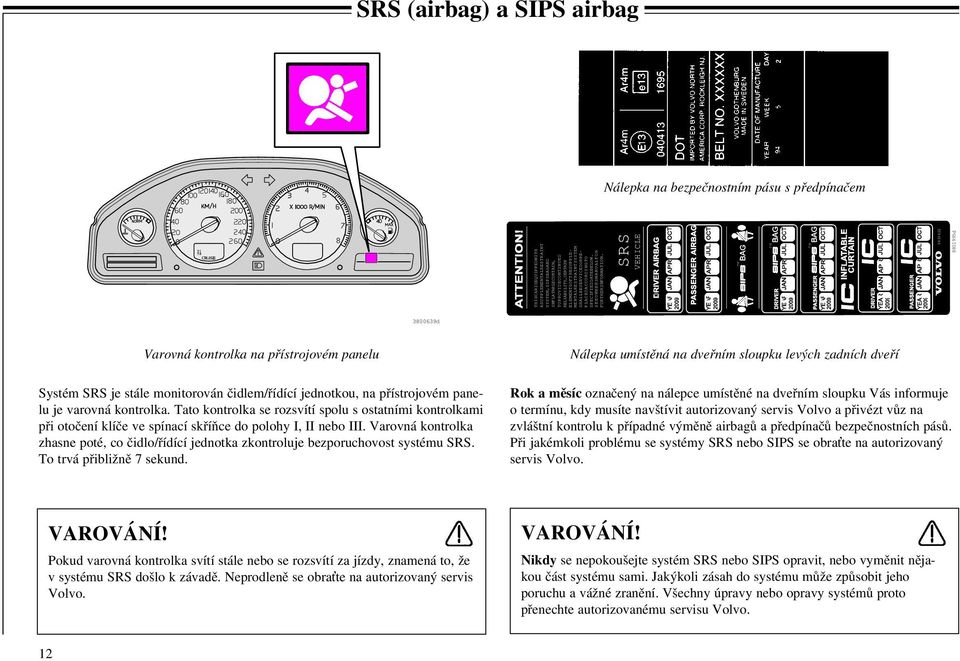 SRS VEHICLE TM TM TM 9430422 8801995d 3800639d Varovná kontrolka na přístrojovém panelu Systém SRS je stále monitorován čidlem/řídící jednotkou, na přístrojovém panelu je varovná kontrolka.