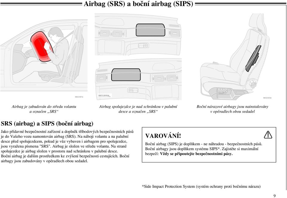 airbag (SRS). Na náboji volantu a na palubní desce před spolujezdcem, pokud je vůz vybaven i airbagem pro spolujezdce, jsou vyražena písmena "SRS". Airbag je složen ve středu volantu.