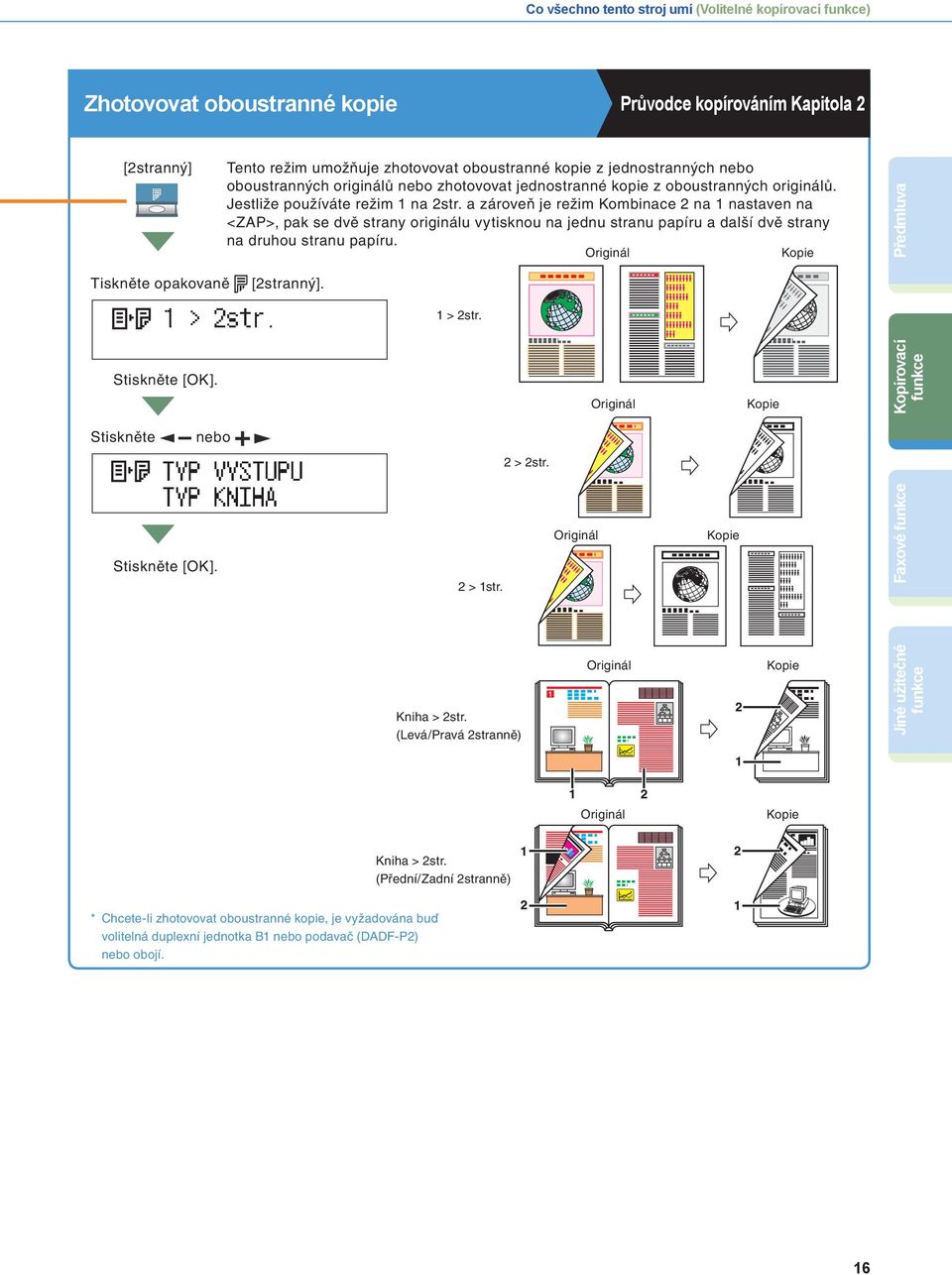 a zároveň je režim Kombinace 2 na nastaven na <ZAP>, pak se dvě strany originálu vytisknou na jednu stranu papíru a další dvě strany na druhou stranu papíru.