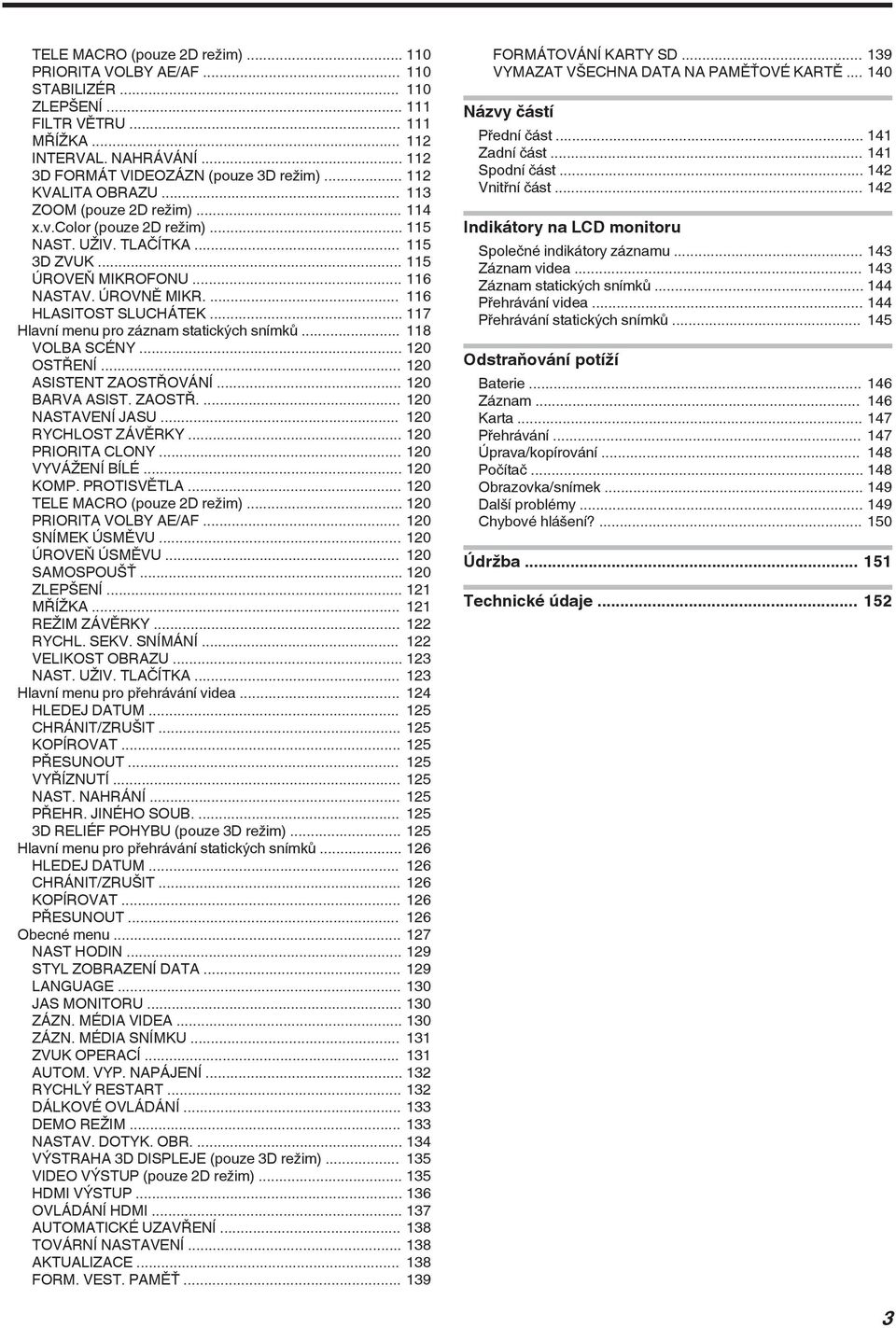 VOLBA SCÉNY 120 OSTŘENÍ 120 ASISTENT ZAOSTŘOVÁNÍ 120 BARVA ASIST ZAOSTŘ 120 NASTAVENÍ JASU 120 RYCHLOST ZÁVĚRKY 120 PRIORITA CLONY 120 VYVÁŽENÍ BÍLÉ 120 KOMP PROTISVĚTLA 120 TELE MACRO (pouze 2D