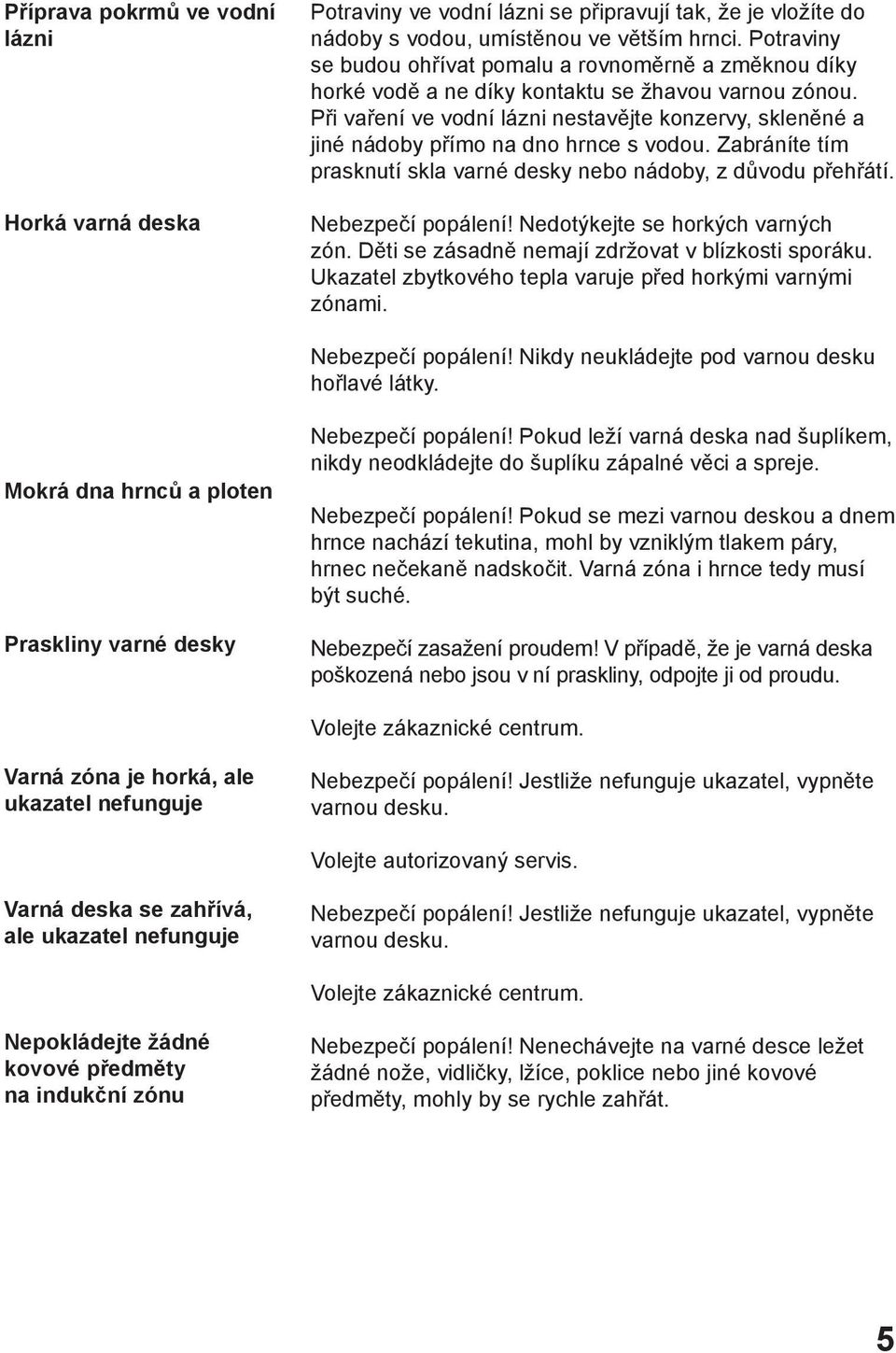 Při vaření ve vodní lázni nestavějte konzervy, skleněné a jiné nádoby přímo na dno hrnce s vodou. Zabráníte tím prasknutí skla varné desky nebo nádoby, z důvodu přehřátí. Nebezpečí popálení!