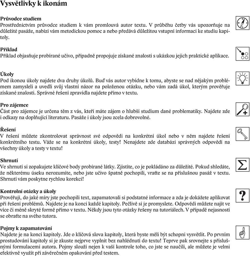 Příklad Příklad objasňuje probírané učivo, případně propojuje získané znalosti s ukázkou jejich praktické aplikace. Úkoly Pod ikonou úkoly najdete dva druhy úkolů.