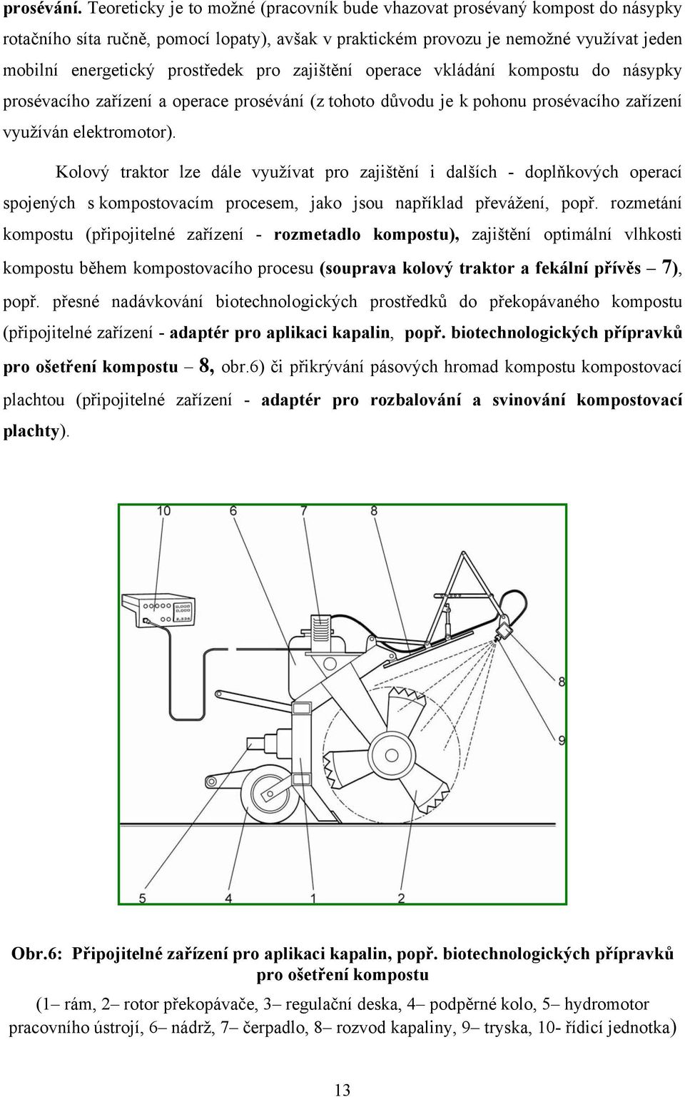 pro zajištění operace vkládání kompostu do násypky prosévacího zařízení a operace prosévání (z tohoto důvodu je k pohonu prosévacího zařízení využíván elektromotor).