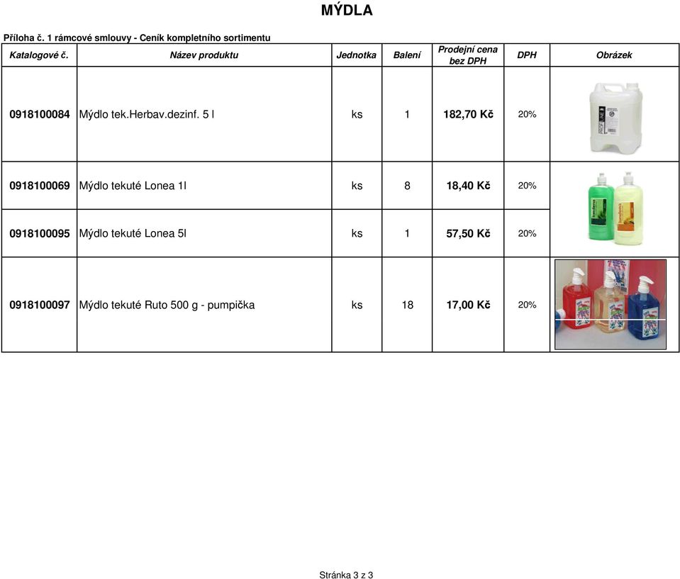 18,40 Kč 20% 0918100095 Mýdlo tekuté Lonea 5l ks 1 57,50 Kč