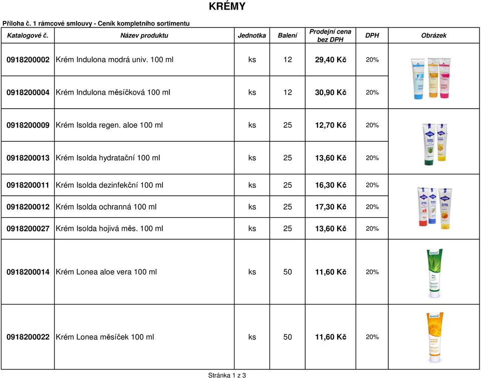 aloe 100 ml ks 25 12,70 Kč 20% 0918200013 Krém Isolda hydratační 100 ml ks 25 13,60 Kč 20% 0918200011 Krém Isolda dezinfekční 100 ml ks 25