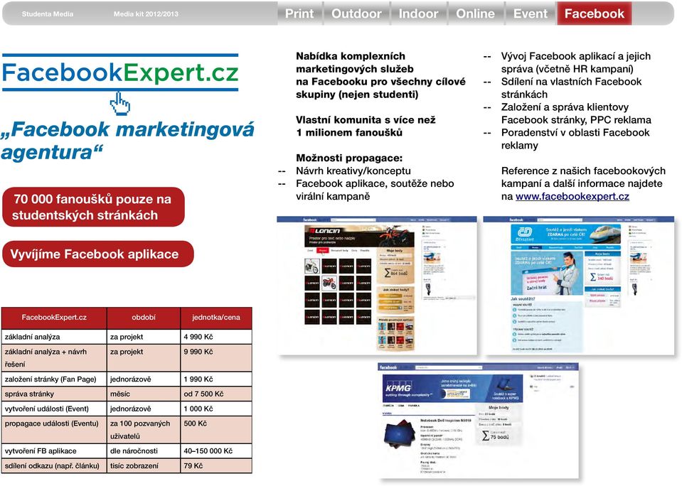 správa (včetně HR kampaní) -- Sdílení na vlastních Facebook -- stránkách -- Založení a správa klientovy -- Facebook stránky, PPC reklama -- Poradenství v oblasti Facebook -- reklamy -- Reference z