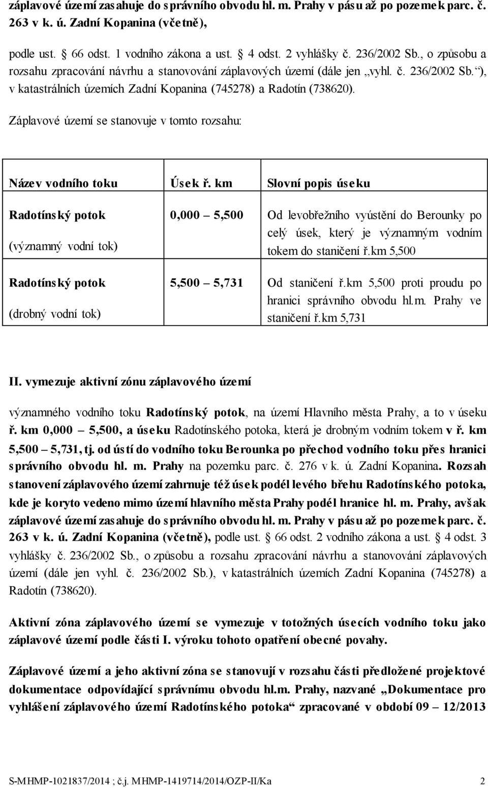 Záplavové území se stanovuje v tomto rozsahu: Název vodního toku Úsek ř.