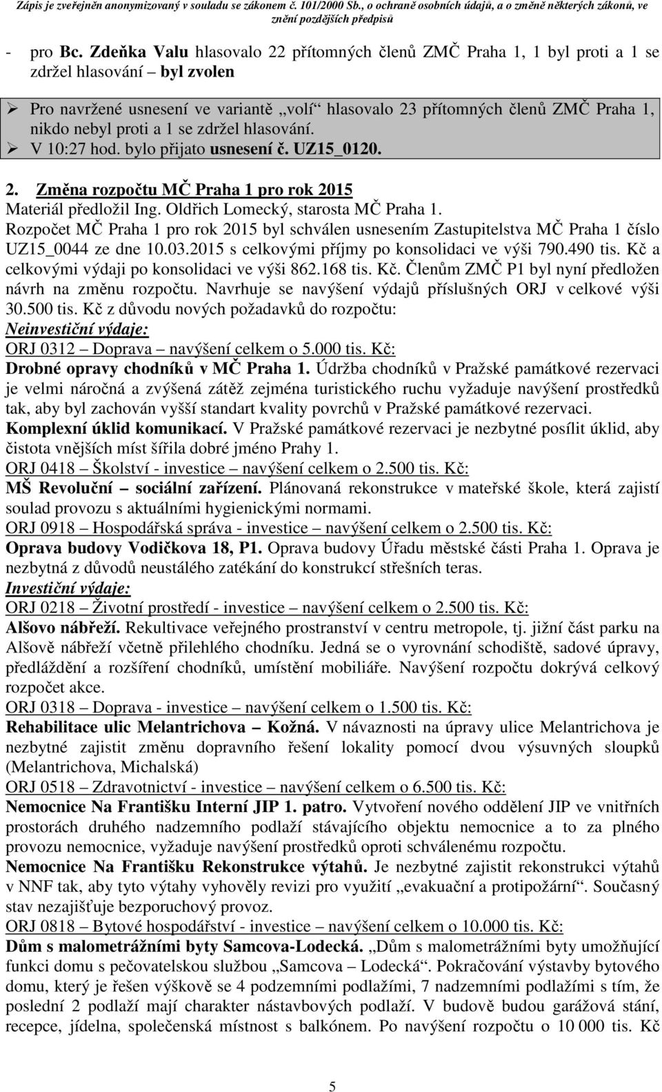 proti a 1 se zdržel hlasování. V 10:27 hod. bylo přijato usnesení č. UZ15_0120. 2. Změna rozpočtu MČ Praha 1 pro rok 2015 Materiál předložil Ing. Oldřich Lomecký, starosta MČ Praha 1.