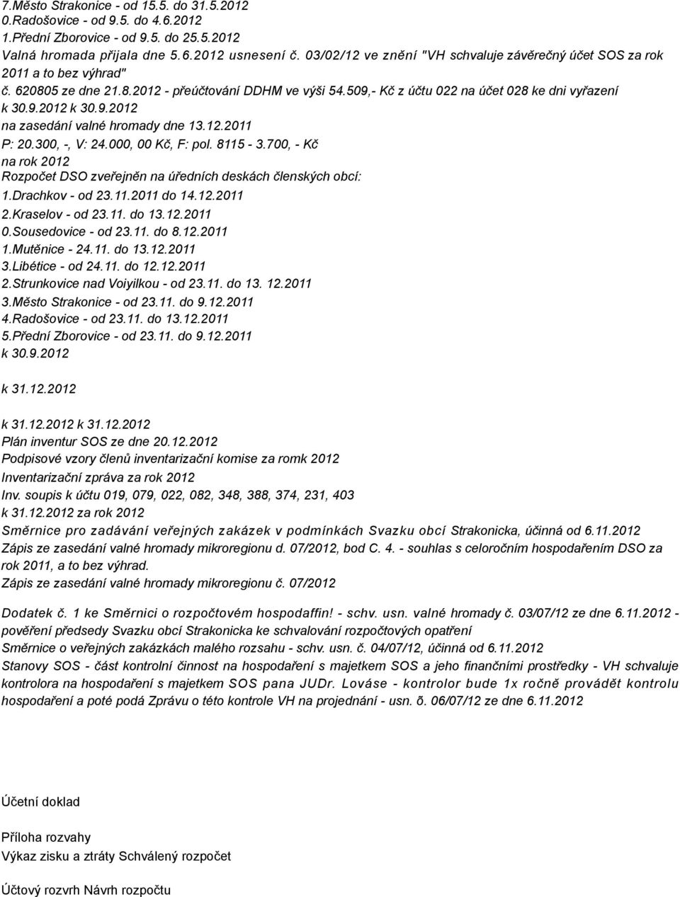 9.2012 na zasedání valné hromady dne 13.12.2011 P: 20.300, -, V: 24.000, 00 Kč, F: pol. 8115-3.700, - Kč na rok 2012 Rozpočet DSO zveřejněn na úředních deskách členských obcí: 1.Drachkov - od 23.11.2011 do 14.