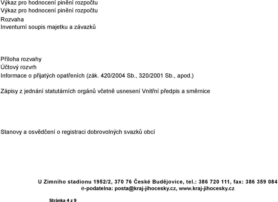 ) Zápisy z jednání statutárních orgánů včetně usnesení Vnitřní předpis a směrnice Stanovy a osvědčení o registraci dobrovolných