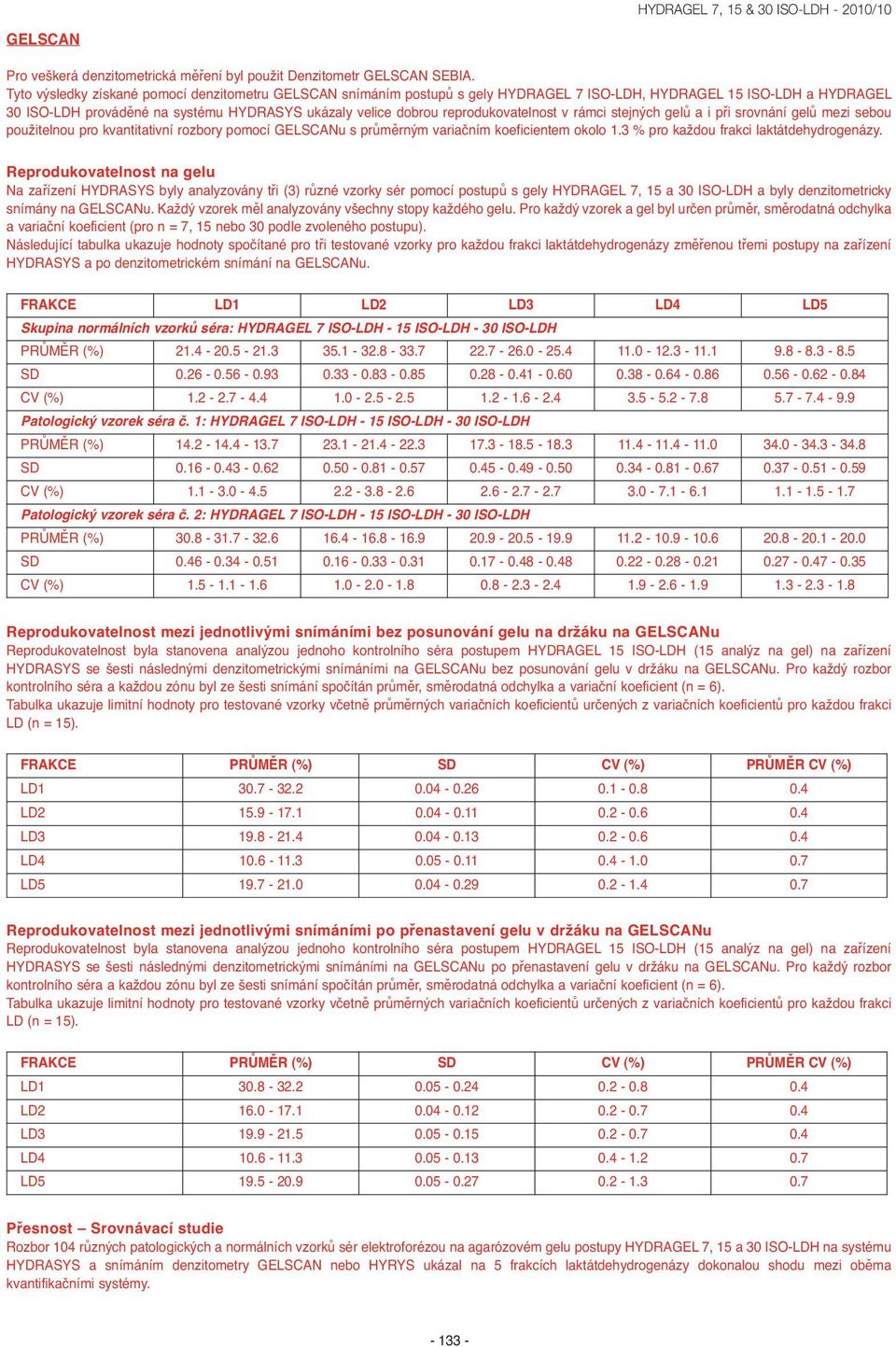 reprodukovatelnost v rámci stejných gelů a i při srovnání gelů mezi sebou použitelnou pro kvantitativní rozbory pomocí GELSCANu s průměrným variačním koeficientem okolo 1.