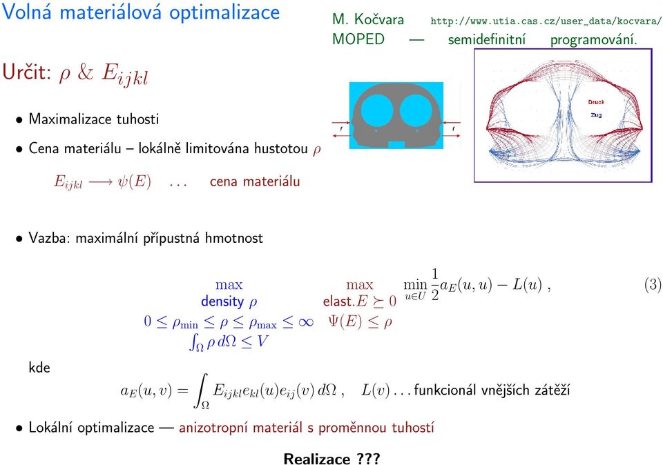 .. cena materiálu Vazba: maximální přípustná hmotnost kde max density ρ 0 ρ min ρ ρ max Ω ρ dω V a E (u, v) = Ω E ijkl e kl (u)e