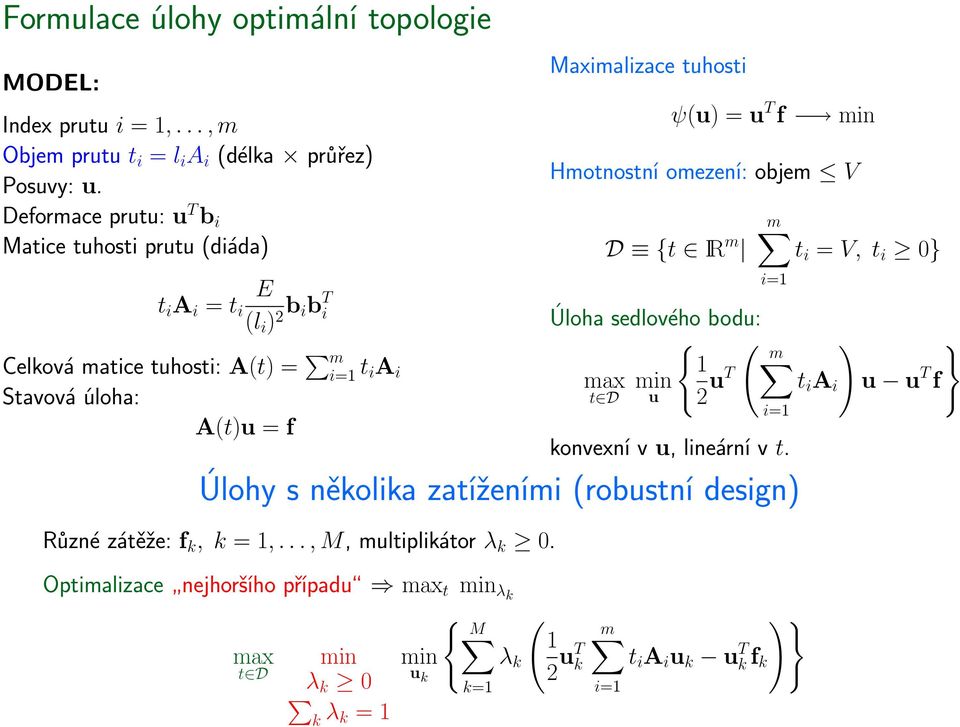 ψ(u) = u T f min Hmotnostní omezení: objem V D {t IR m m t i = V, t i 0} i=1 Úloha sedlového bodu: { ( m ) } max min 1 t D u 2 ut t i A i u u T f konvexní v u, lineární v t.