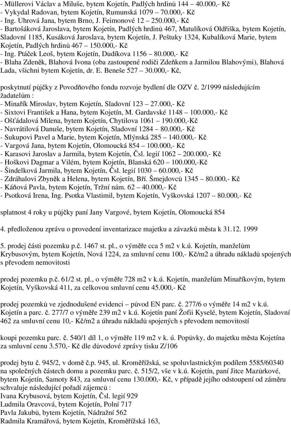 Peštuky 1324, Kubalíková Marie, bytem Kojetín, Padlých hrdinů 467 150.000,- Kč - Ing. Ptáček Leoš, bytem Kojetín, Dudíkova 1156 80.