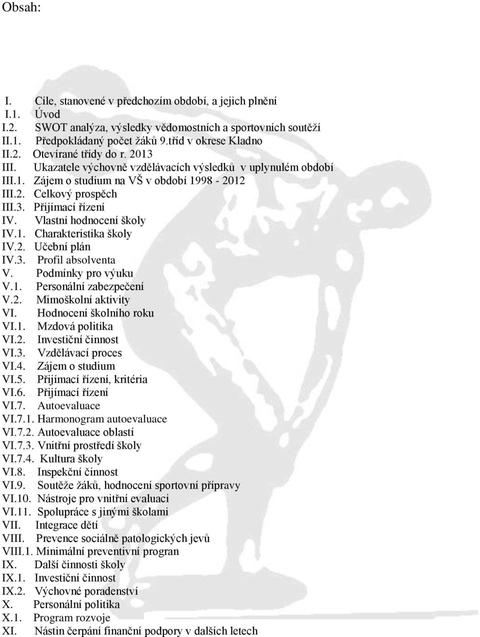 2. Učební plán IV.3. Profil absolventa V. Podmínky pro výuku V.1. Personální zabezpečení V.2. Mimoškolní aktivity VI. Hodnocení školního roku VI.1. Mzdová politika VI.2. Investiční činnost VI.3. Vzdělávací proces VI.