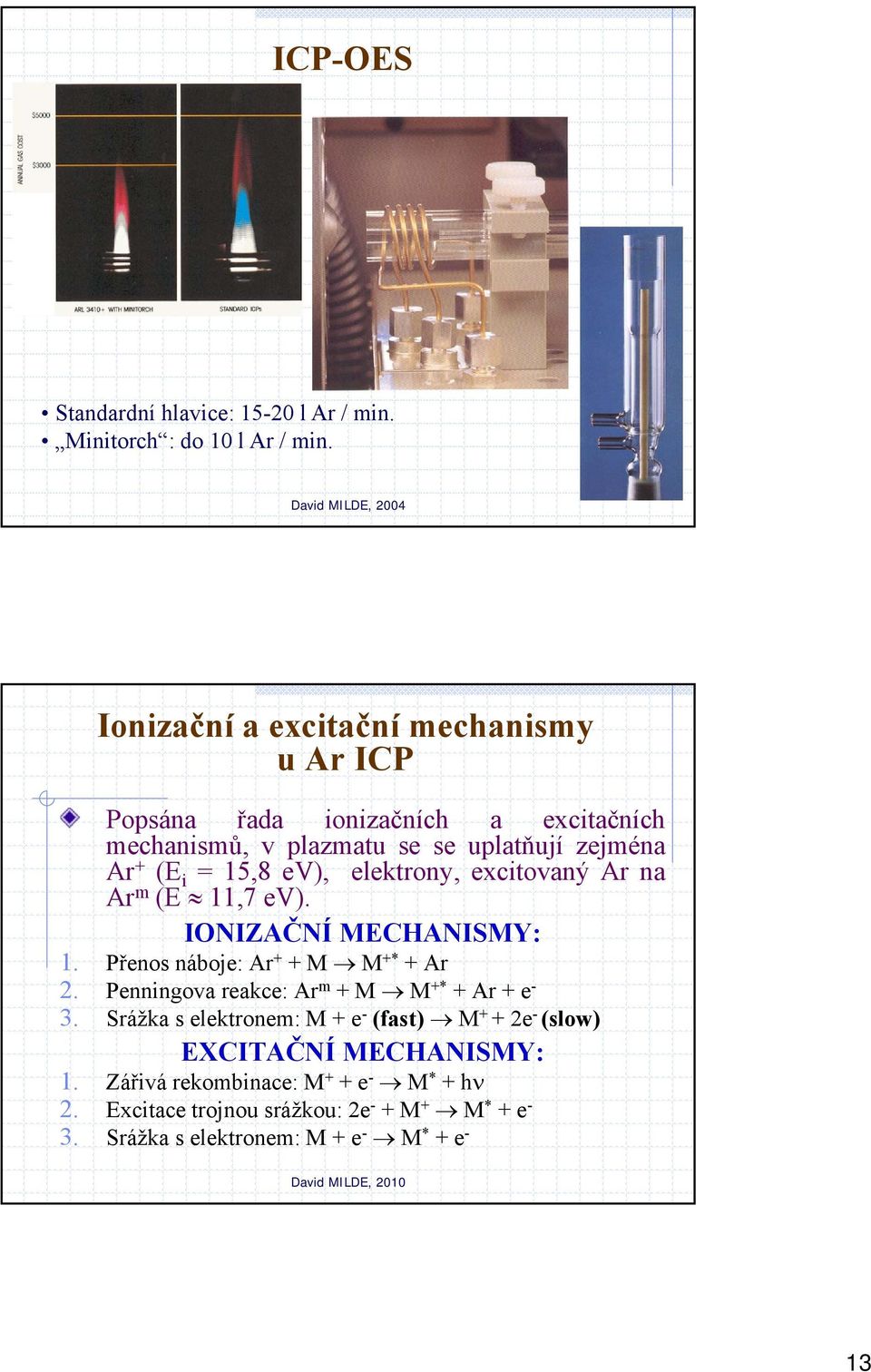 ev), elektrony, excitovaný Ar na Ar m (E 11,7 ev). IONIZAČNÍ MECHANISMY: 1. Přenos náboje: Ar + +M M +* +Ar 2.