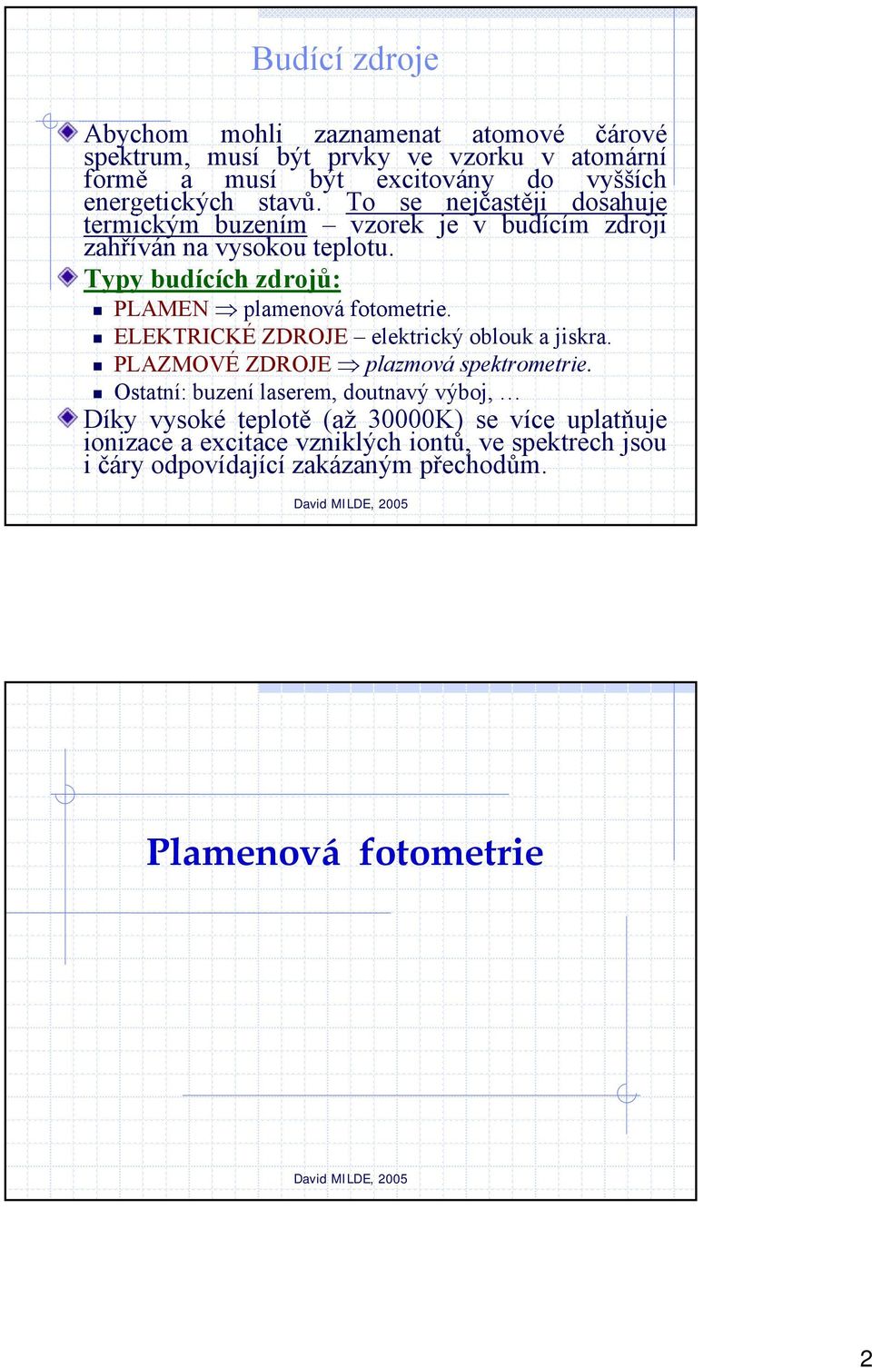 Typy budících zdrojů: PLAMEN plamenová fotometrie. ELEKTRICKÉ ZDROJE elektrický oblouk a jiskra. PLAZMOVÉ ZDROJE plazmová spektrometrie.