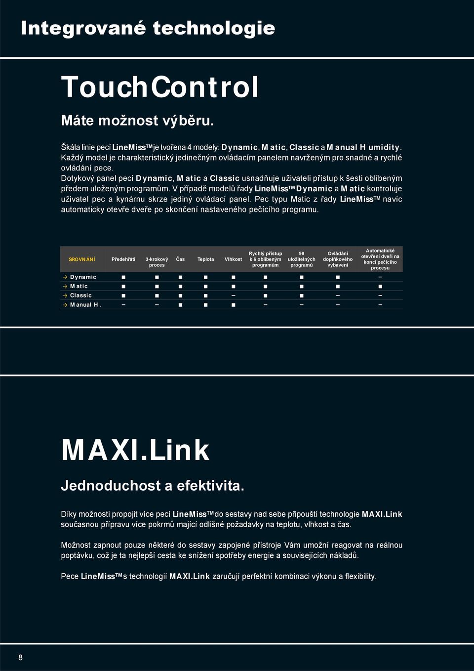 Dotykový panel pecí Dynamic, Matic a Classic usnadňuje uživateli přístup k šesti oblíbeným předem uloženým programům.