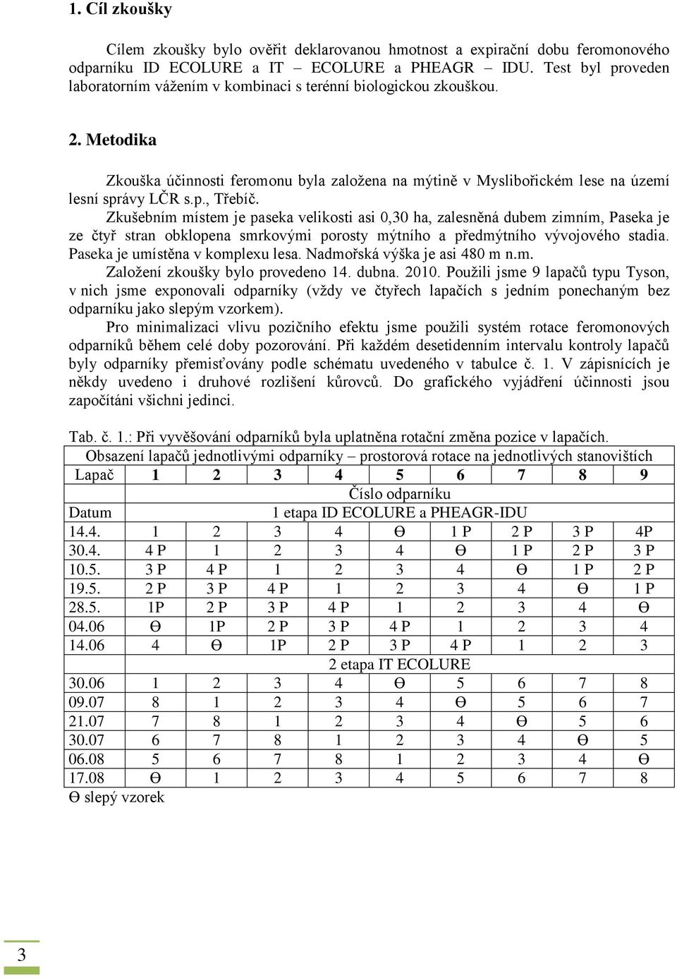 Zkušebním místem je paseka velikosti asi 0,30 ha, zalesněná dubem zimním, Paseka je ze čtyř stran obklopena smrkovými porosty mýtního a předmýtního vývojového stadia.