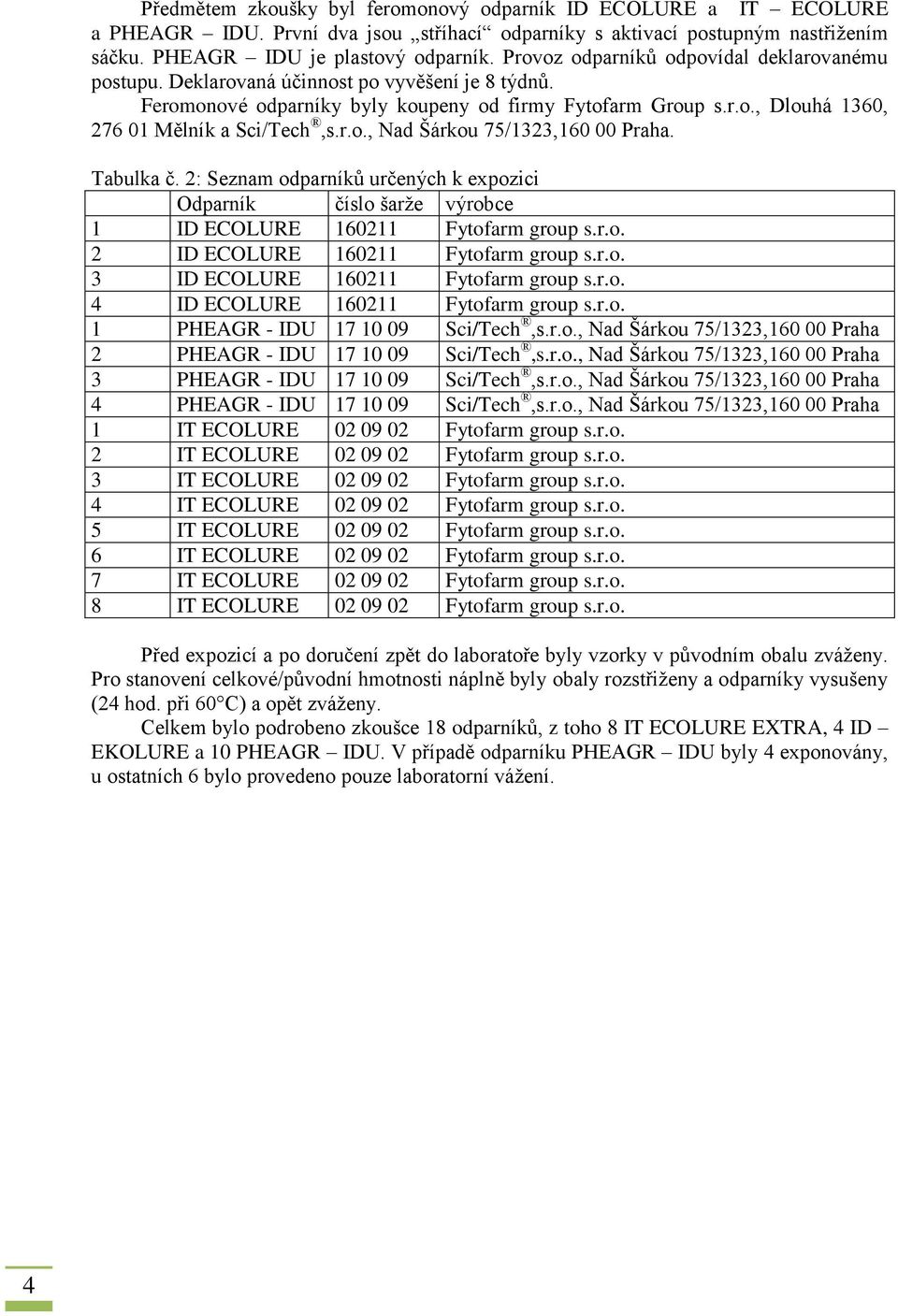 r.o., Nad Šárkou 75/1323,160 00 Praha. Tabulka č. 2: Seznam odparníků určených k expozici Odparník číslo šarže výrobce 1 ID ECOLURE 160211 Fytofarm group s.r.o. 2 ID ECOLURE 160211 Fytofarm group s.r.o. 3 ID ECOLURE 160211 Fytofarm group s.