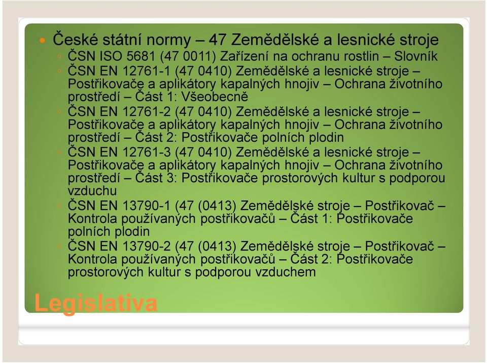 polních plodin ČSN EN 12761-3 (47 0410) Zemědělské a lesnické stroje Postřikovače a aplikátory kapalných hnojiv Ochrana životního prostředí Část 3: Postřikovače prostorových kultur s podporou vzduchu