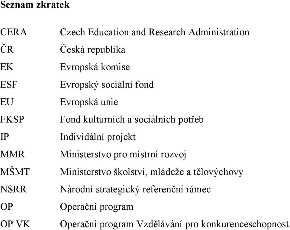 sociálních potřeb Individální projekt Ministerstvo pro místrní rozvoj Ministerstvo školství, mládeţe a