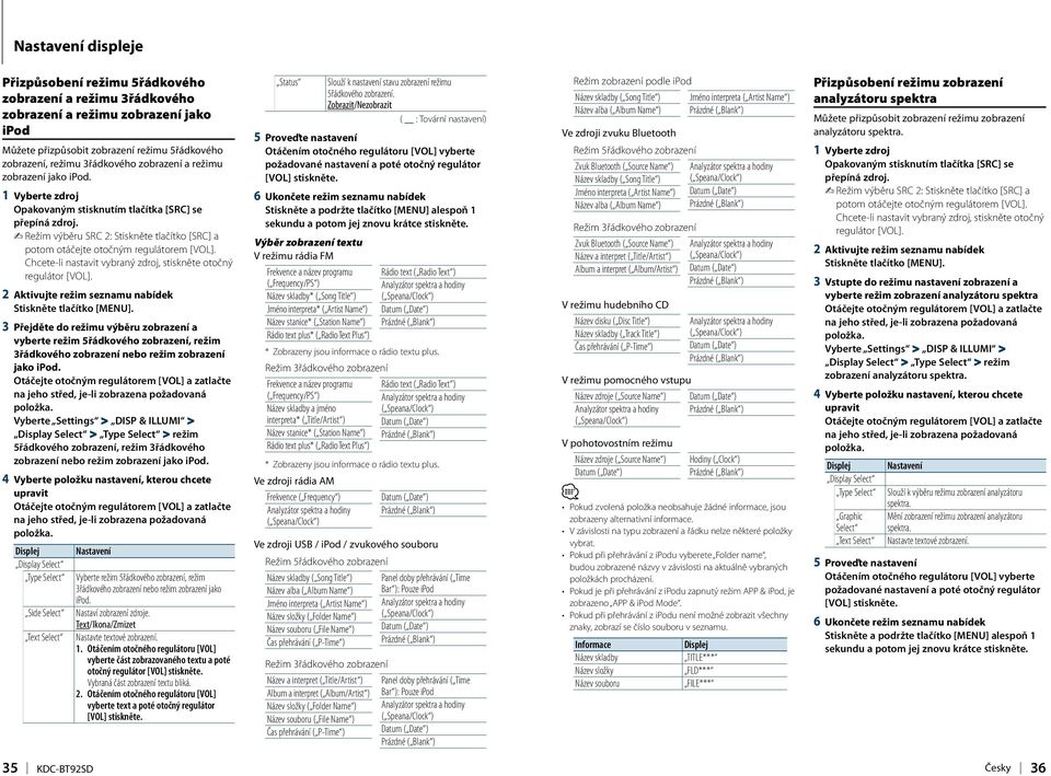 2 Aktivujte režim seznamu nabídek 3 Přejděte do režimu výběru zobrazení a vyberte režim 5řádkového zobrazení, režim 3řádkového zobrazení nebo režim zobrazení jako ipod.