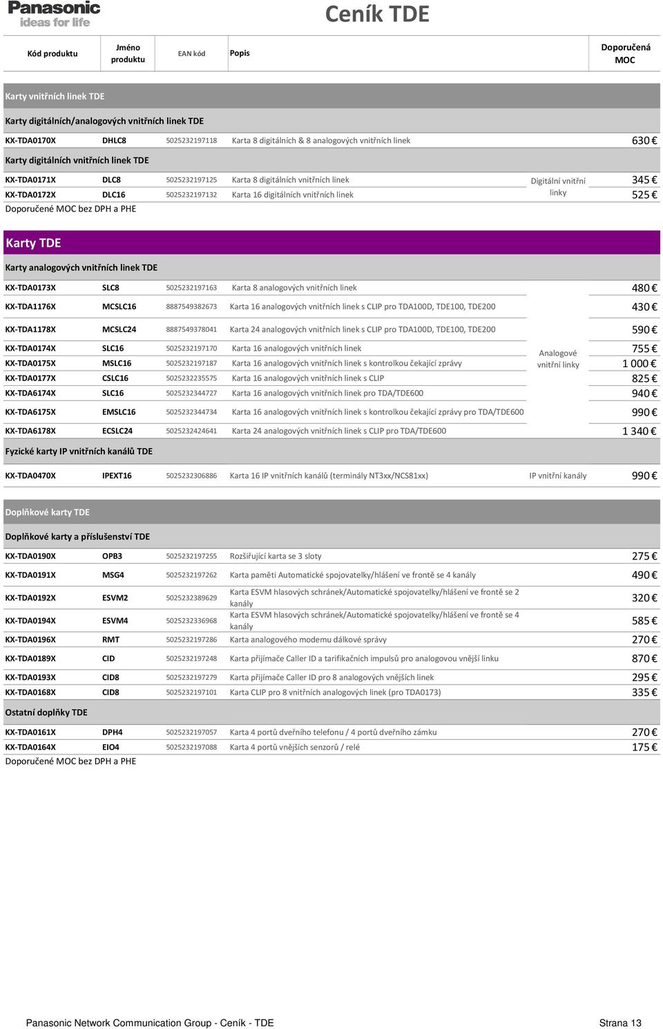 Karty analogových vnitřních linek TDE KX-TDA0173X SLC8 5025232197163 Karta 8 analogových vnitřních linek 480 KX-TDA1176X MCSLC16 8887549382673 Karta 16 analogových vnitřních linek s CLIP pro TDA100D,