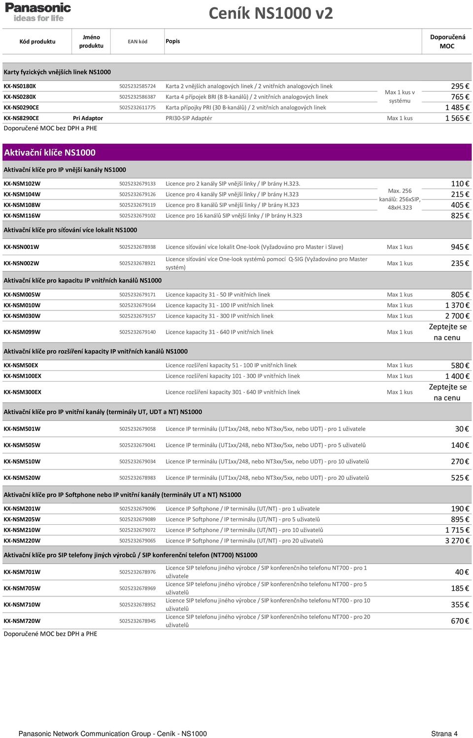 PRI30-SIP Adaptér Max 1 kus 1565 Aktivační klíče NS1000 Aktivační klíče pro IP vnější kanály NS1000 KX-NSM102W 5025232679133 Licence pro 2 kanály SIP vnější linky / IP brány H.323. 110 Max.