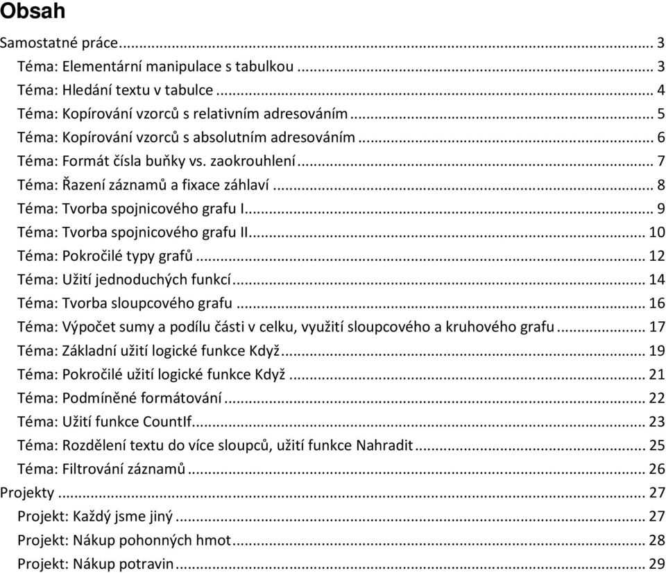 ..9 Téma: Tvorba spojnicového grafu II...10 Téma: Pokročilé typy grafů...12 Téma: Užití jednoduchých funkcí...14 Téma: Tvorba sloupcového grafu.