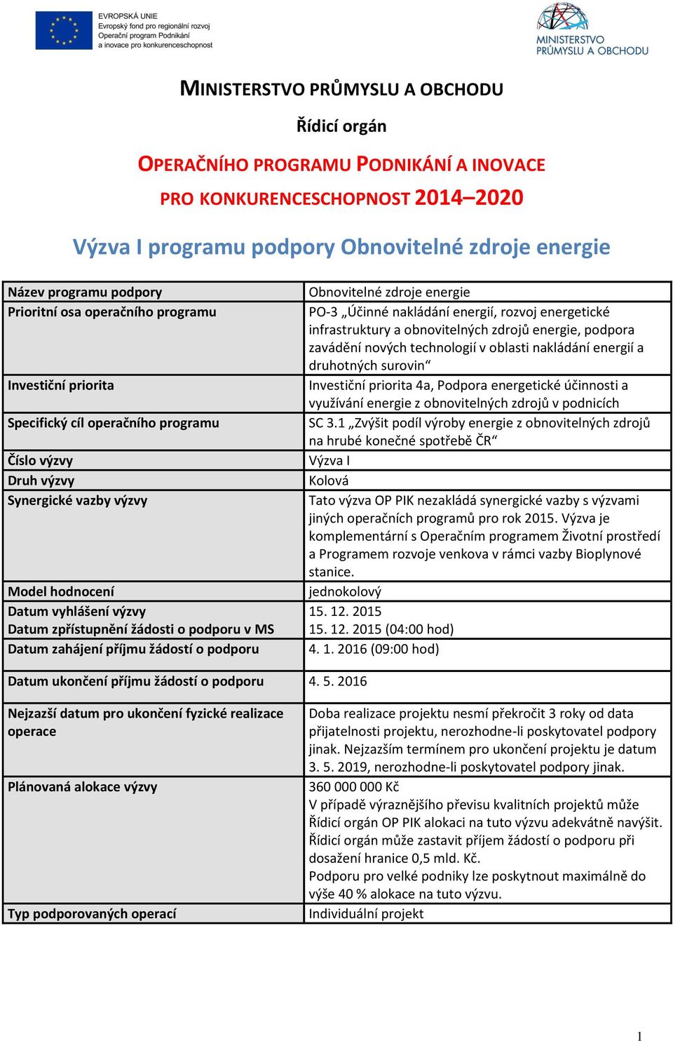 o podporu v MS Datum zahájení příjmu žádostí o podporu Obnovitelné zdroje energie PO-3 Účinné nakládání energií, rozvoj energetické infrastruktury a obnovitelných zdrojů energie, podpora zavádění